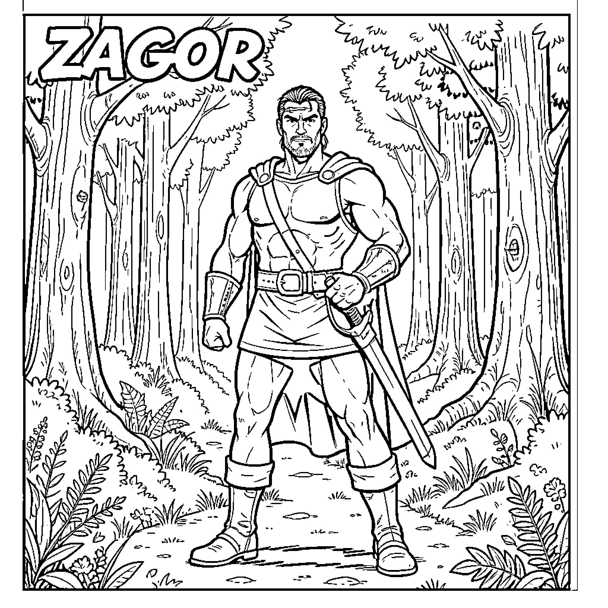 Zagor standing heroically in a dense forest Coloring Page (free black-and-white line drawing printable PDF for all, from beginners to advanced learners, including children, teens, adults, and seniors)
