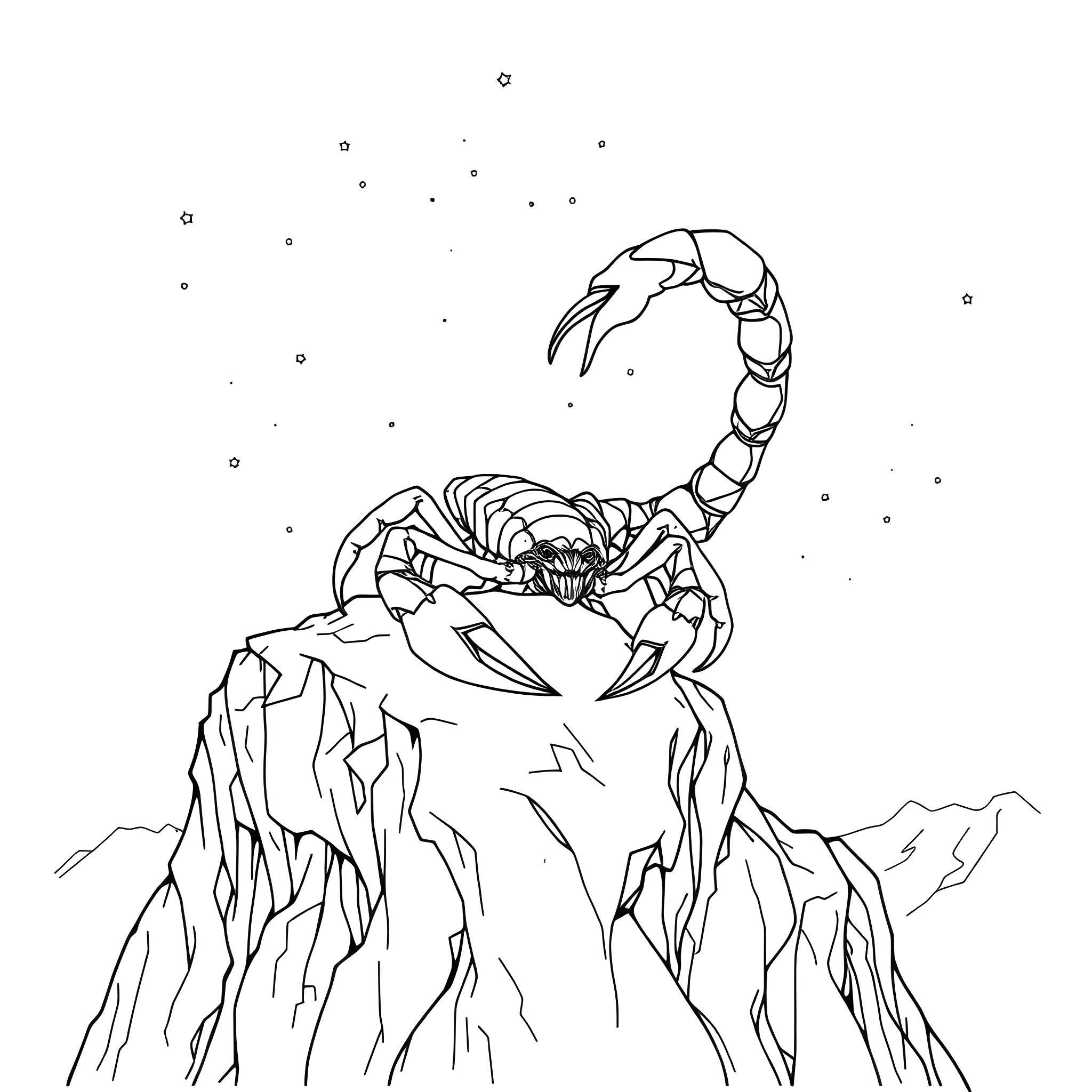 Scorpio prowling across the cosmic landscape Coloring Page (free black-and-white line drawing printable PDF for all, from beginners to advanced learners, including children, teens, adults, and seniors)