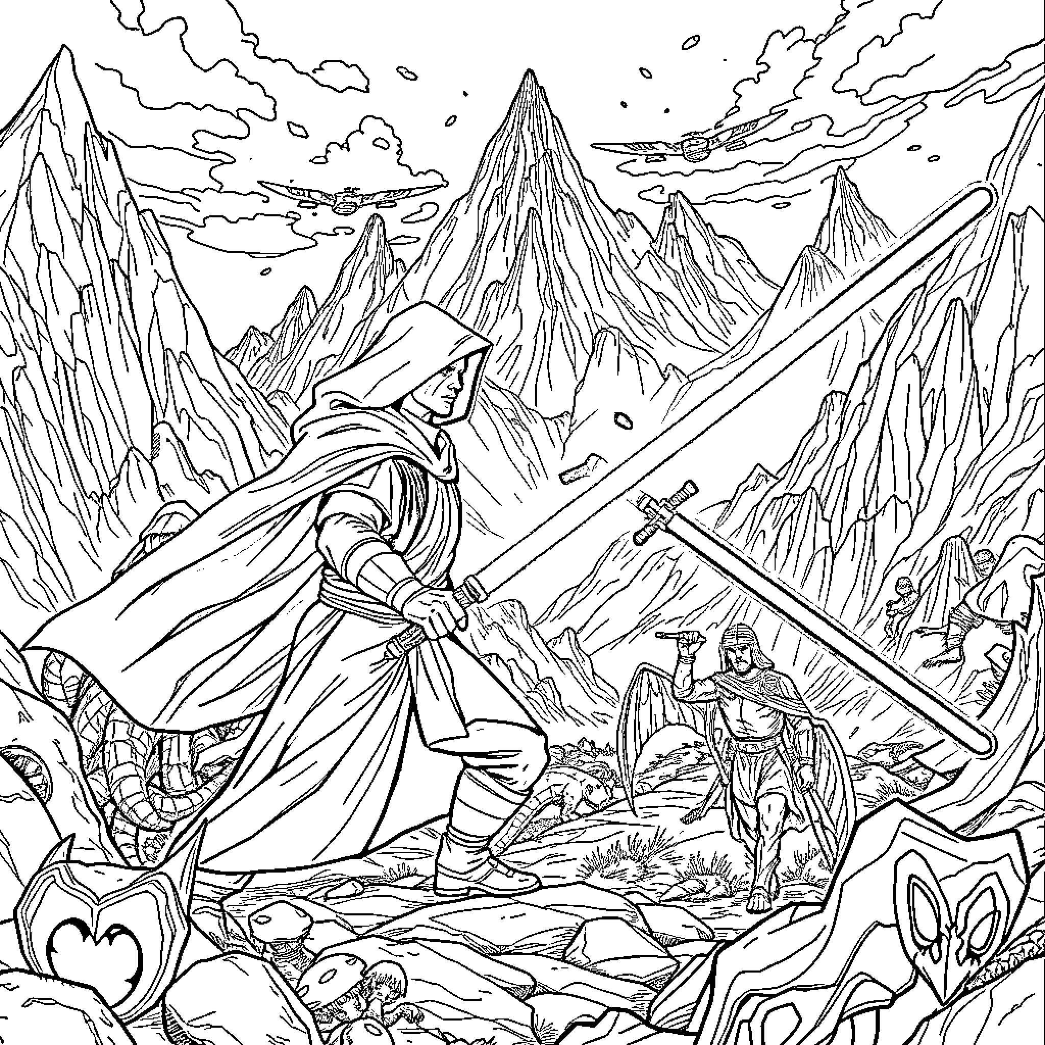 Jedi Warrior Facing Adversary in Rugged Landscape Coloring Page (free black-and-white line drawing printable PDF for all, from beginners to advanced learners, including children, teens, adults, and seniors)