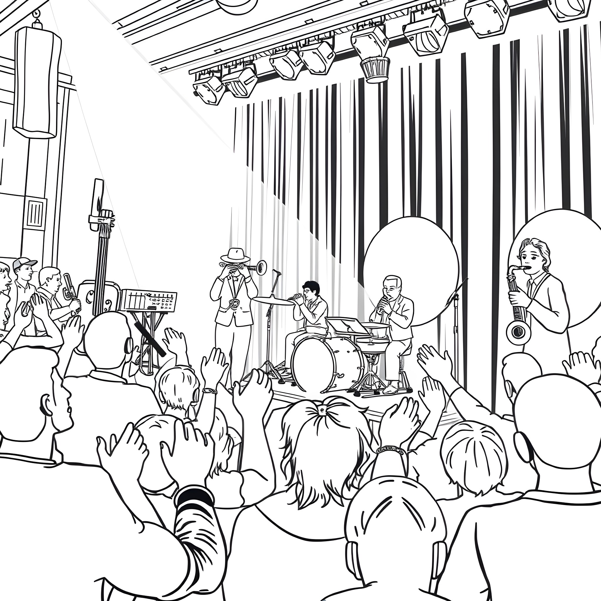 Band performing on stage for enthusiastic audience Coloring Page (free black-and-white line drawing printable PDF for all, from beginners to advanced learners, including children, teens, adults, and seniors)