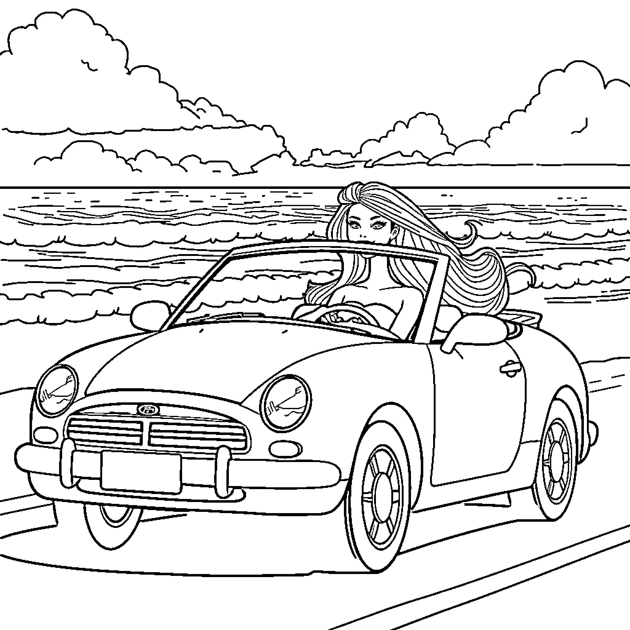 Barbie driving convertible on the beach Coloring Page (free black-and-white line drawing printable PDF for all, from beginners to advanced learners, including children, teens, adults, and seniors)