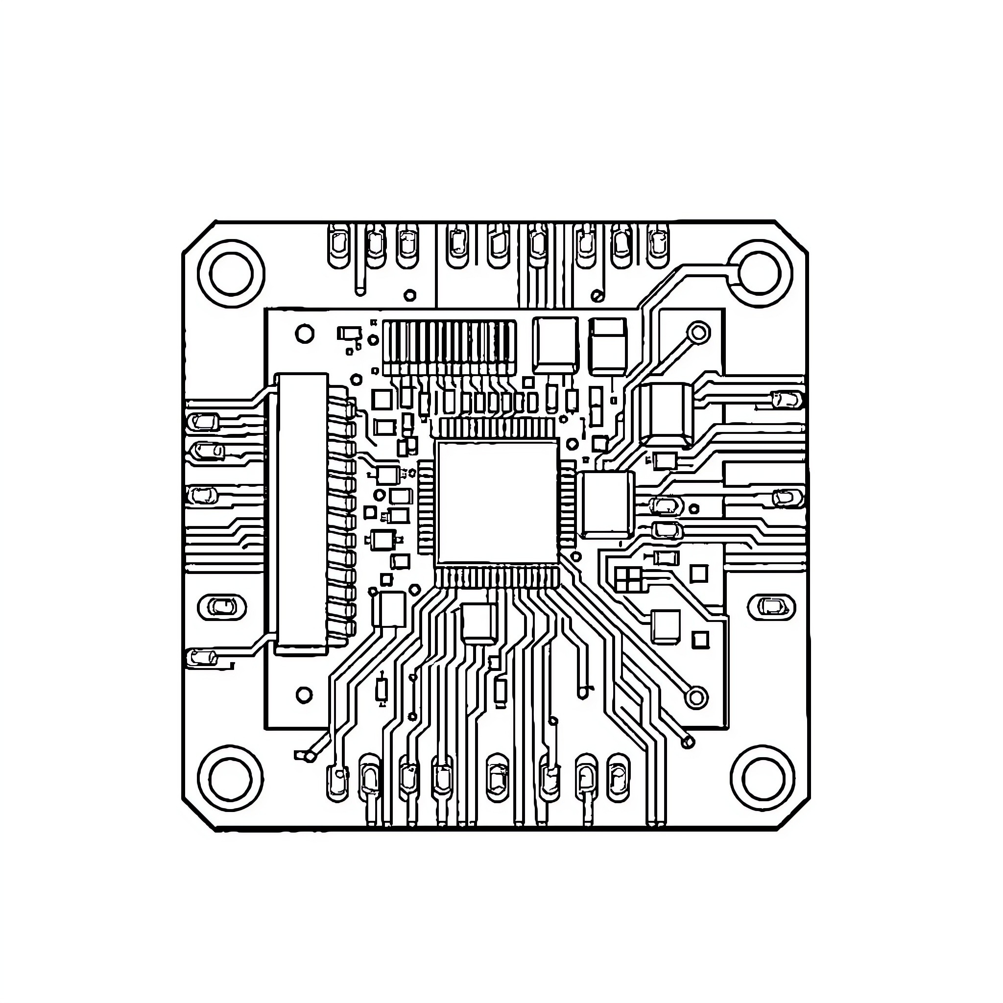 Microprocessor circuit board with intricate components Coloring Page (free black-and-white line drawing printable PDF for all, from beginners to advanced learners, including children, teens, adults, and seniors)