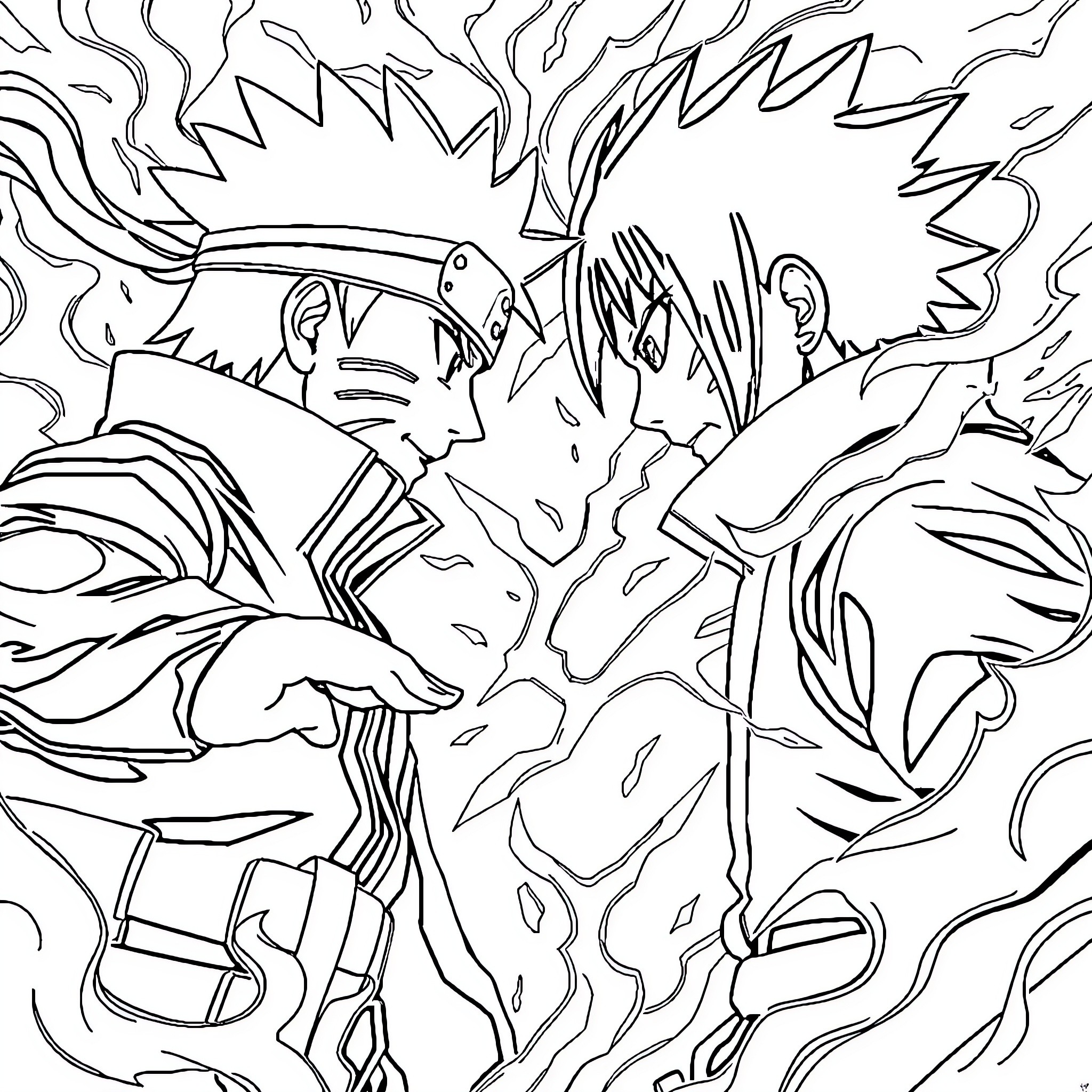 Naruto characters in intense battle scene Coloring Page (free black-and-white line drawing printable PDF for all, from beginners to advanced learners, including children, teens, adults, and seniors)