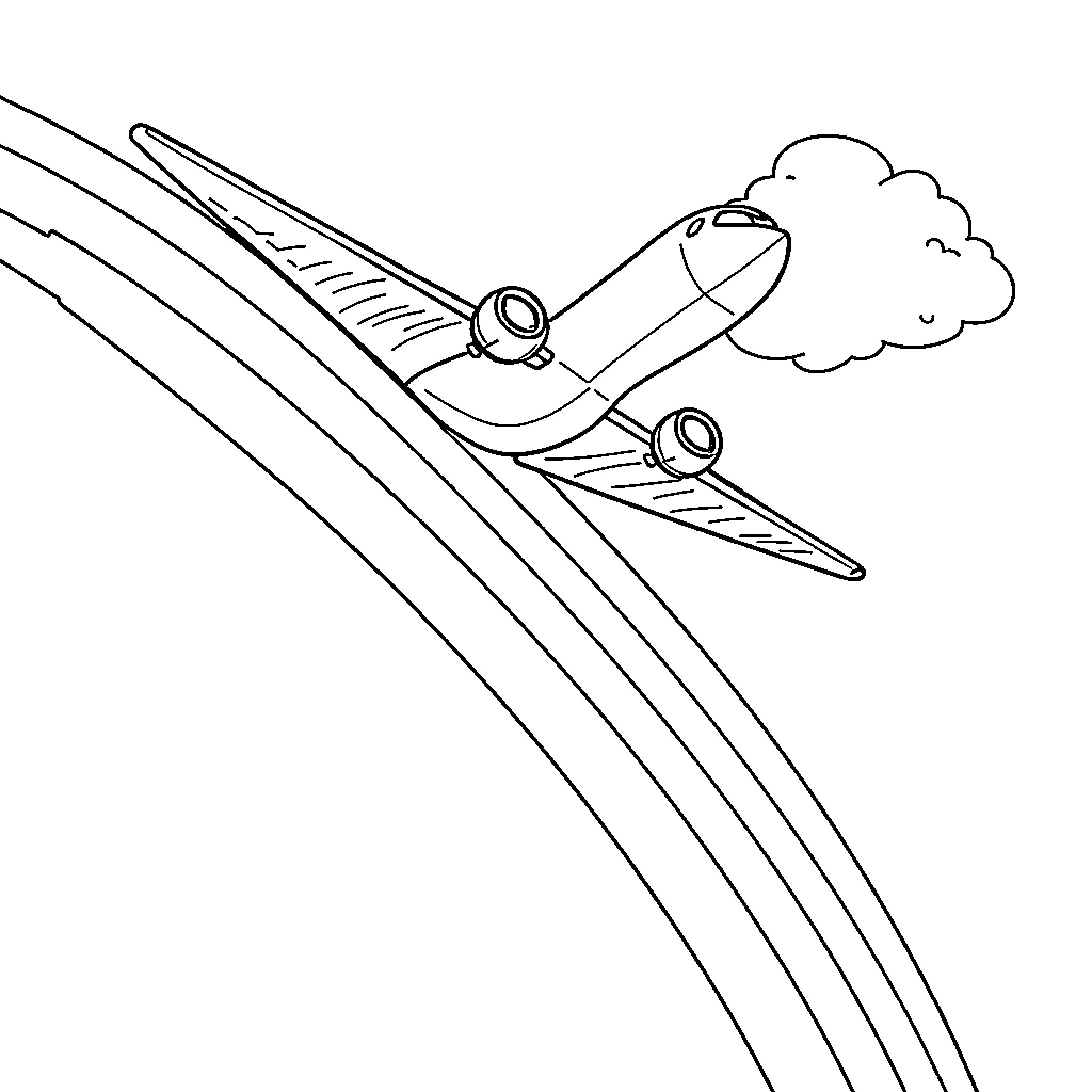 Airplane soaring through the clouds Coloring Page (free black-and-white line drawing printable PDF for all, from beginners to advanced learners, including children, teens, adults, and seniors)