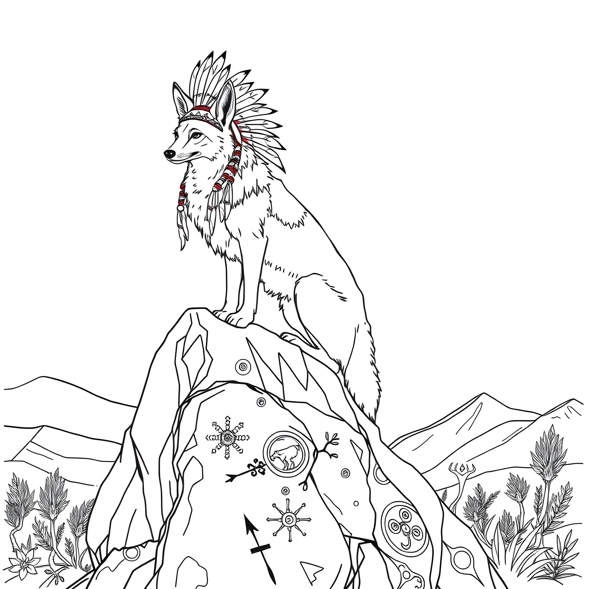 Coyote adorned with tribal markings in the wilderness Coloring Page (free black-and-white line drawing printable PDF for all, from beginners to advanced learners, including children, teens, adults, and seniors)