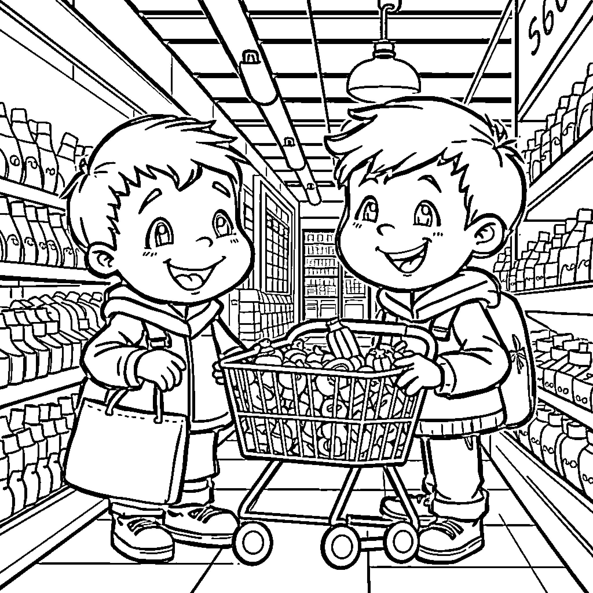 Niños Shopping Happily at the Supermarket Coloring Page (free black-and-white line drawing printable PDF for all, from beginners to advanced learners, including children, teens, adults, and seniors)