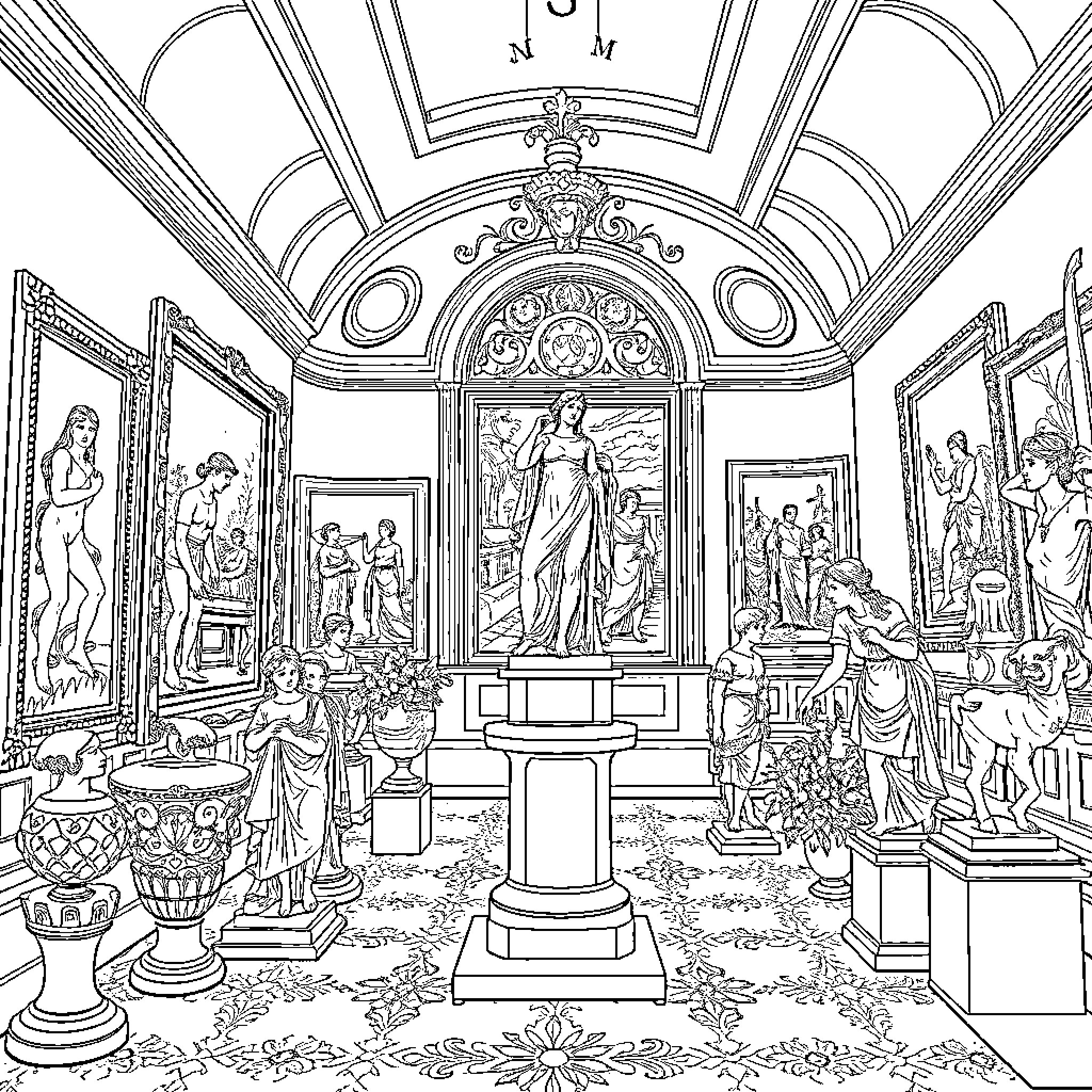 Art depicting grand ornate interior with sculptures and artwork Coloring Page (free black-and-white line drawing printable PDF for all, from beginners to advanced learners, including children, teens, adults, and seniors)