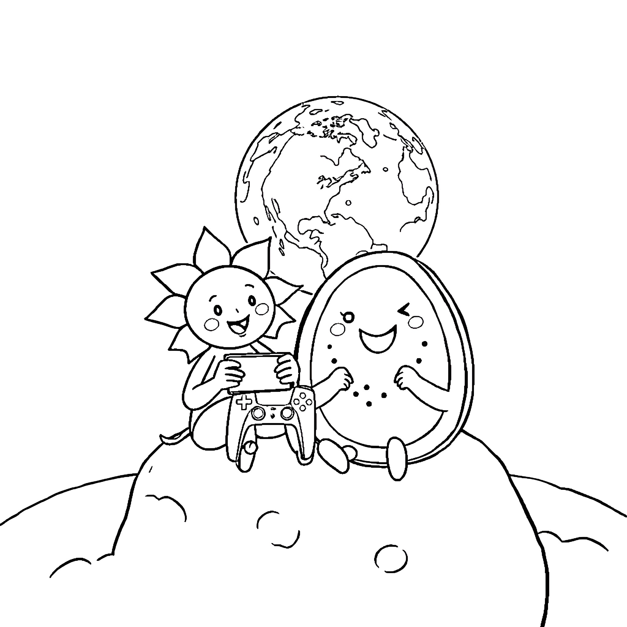 Sunny friends exploring the world together Coloring Page (free black-and-white line drawing printable PDF for all, from beginners to advanced learners, including children, teens, adults, and seniors)