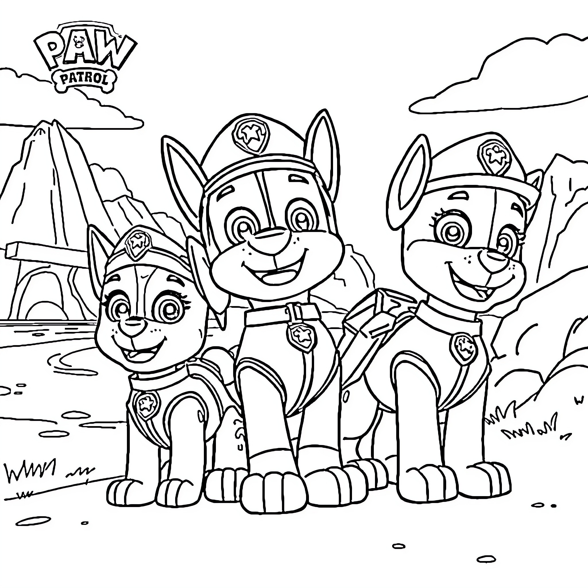Paw Patrol Pups on Patrol in the Great Outdoors Coloring Page (free black-and-white line drawing printable PDF for all, from beginners to advanced learners, including children, teens, adults, and seniors)
