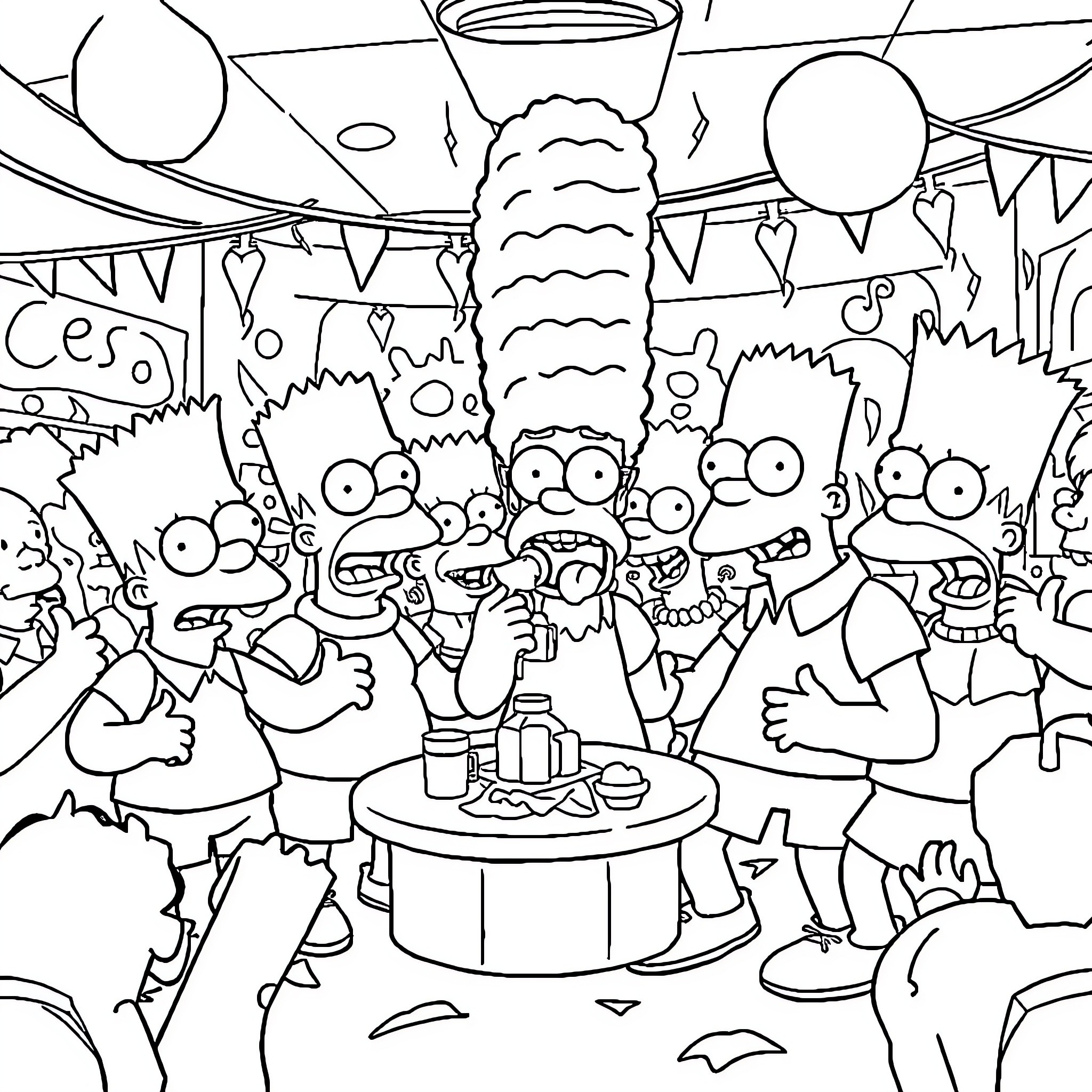 Simpson family celebrating at a lively party Coloring Page (free black-and-white line drawing printable PDF for all, from beginners to advanced learners, including children, teens, adults, and seniors)