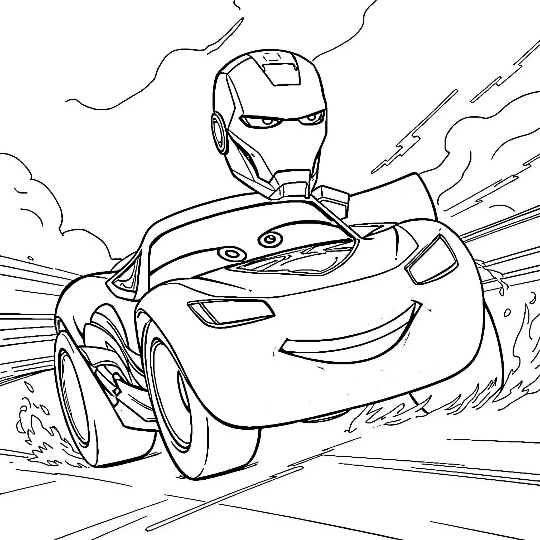 Flash McQueen races with Iron Man helmet Coloring Page (free black-and-white line drawing printable PDF for all, from beginners to advanced learners, including children, teens, adults, and seniors)