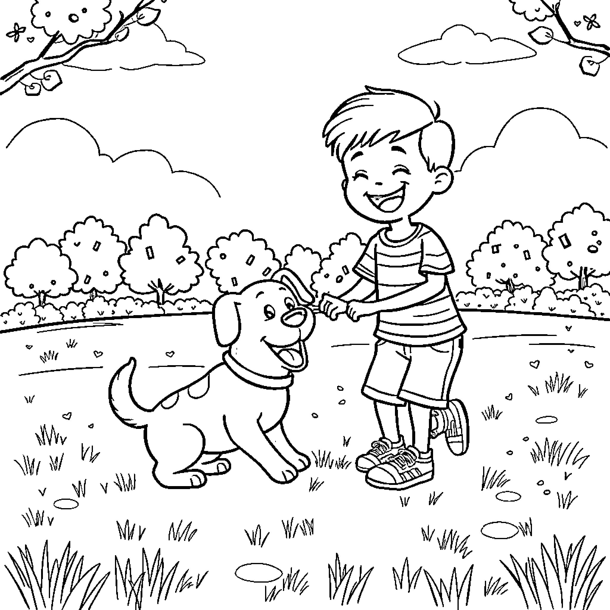 Boy playing happily with his dog in the park Coloring Page (free black-and-white line drawing printable PDF for all, from beginners to advanced learners, including children, teens, adults, and seniors)