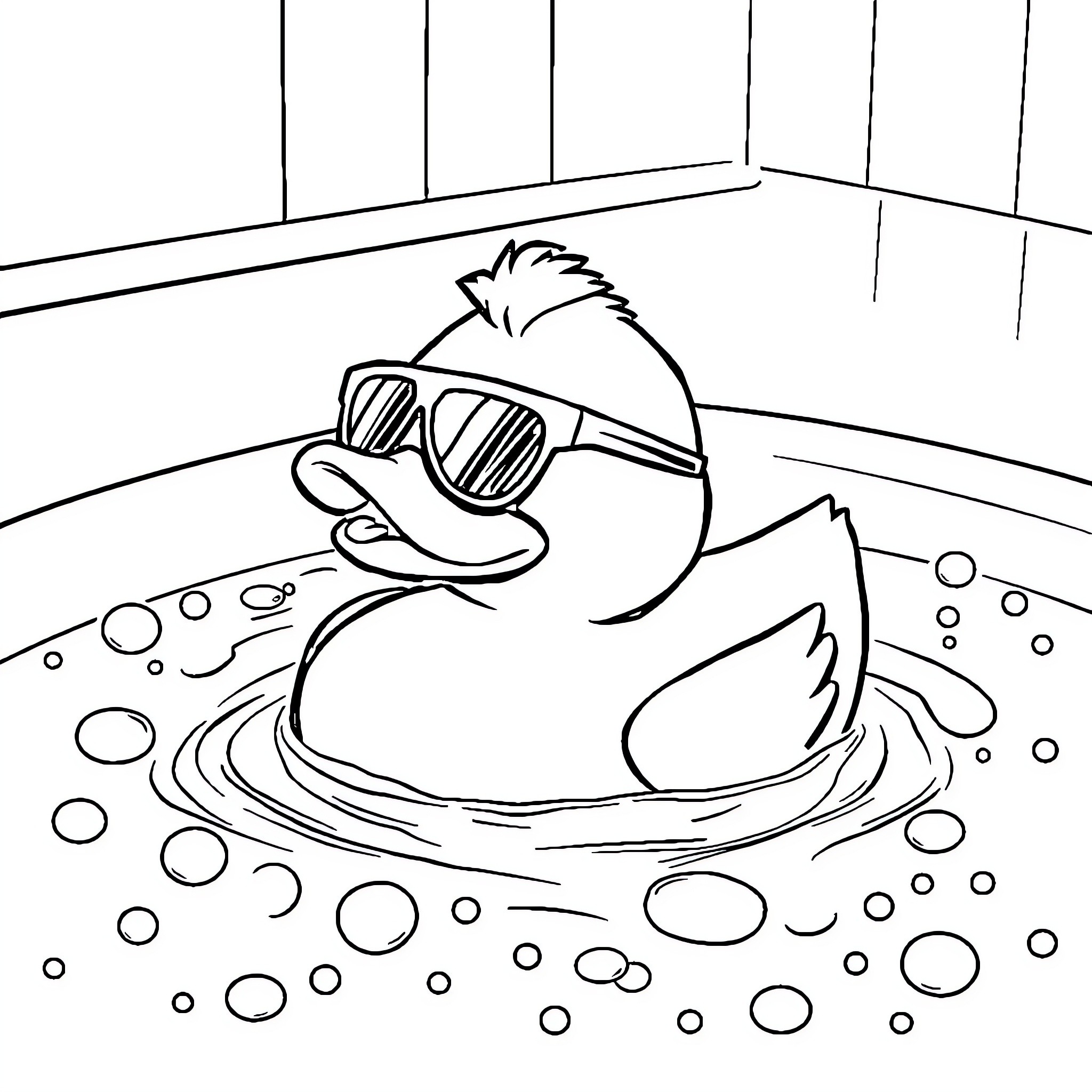 Duck relaxing in bubbly water with sunglasses Coloring Page (free black-and-white line drawing printable PDF for all, from beginners to advanced learners, including children, teens, adults, and seniors)
