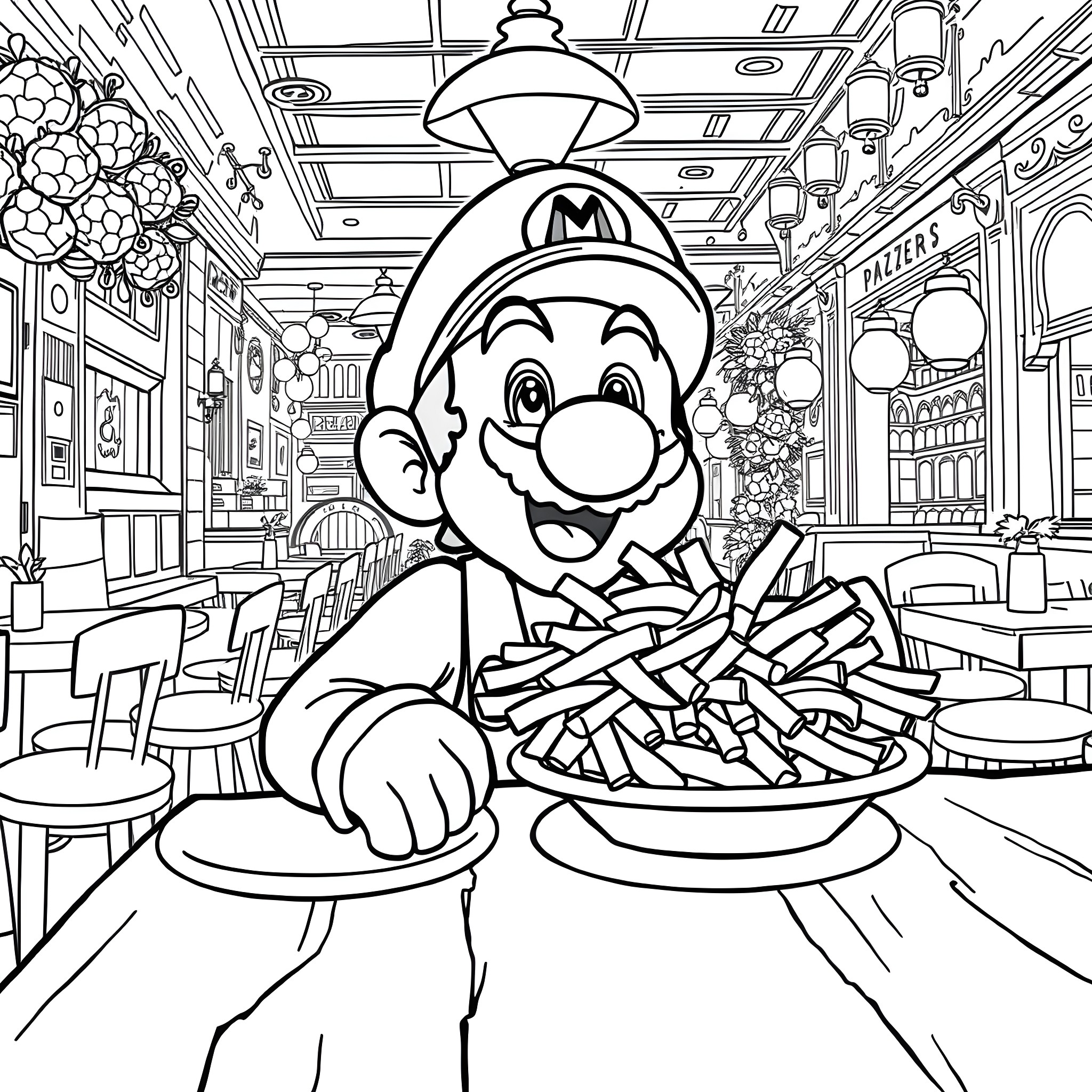 Mario Enjoying a Hearty Meal in a Bustling Cafe Coloring Page (free black-and-white line drawing printable PDF for all, from beginners to advanced learners, including children, teens, adults, and seniors)