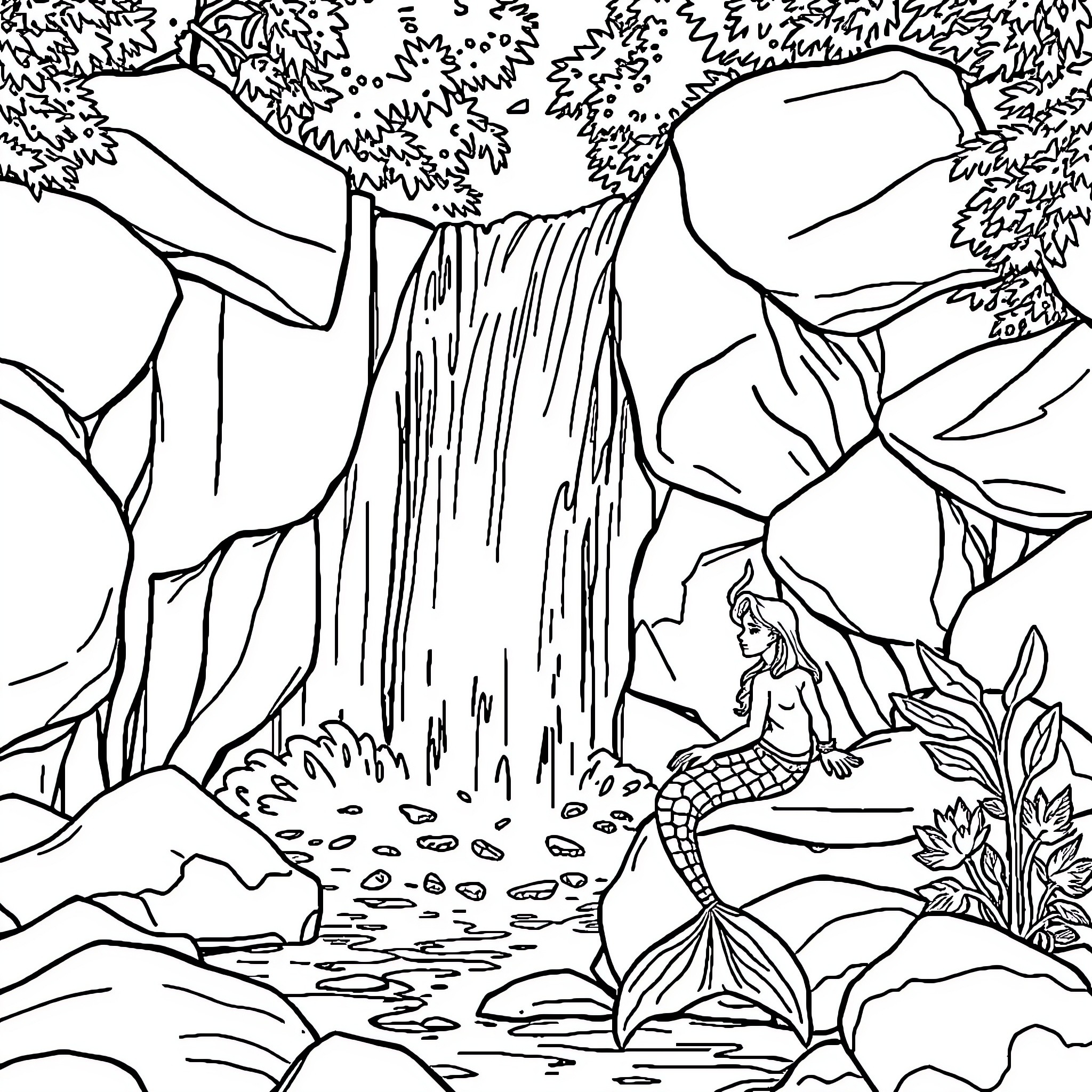 Merman relaxing by the waterfall in a tropical scene Coloring Page (free black-and-white line drawing printable PDF for all, from beginners to advanced learners, including children, teens, adults, and seniors)