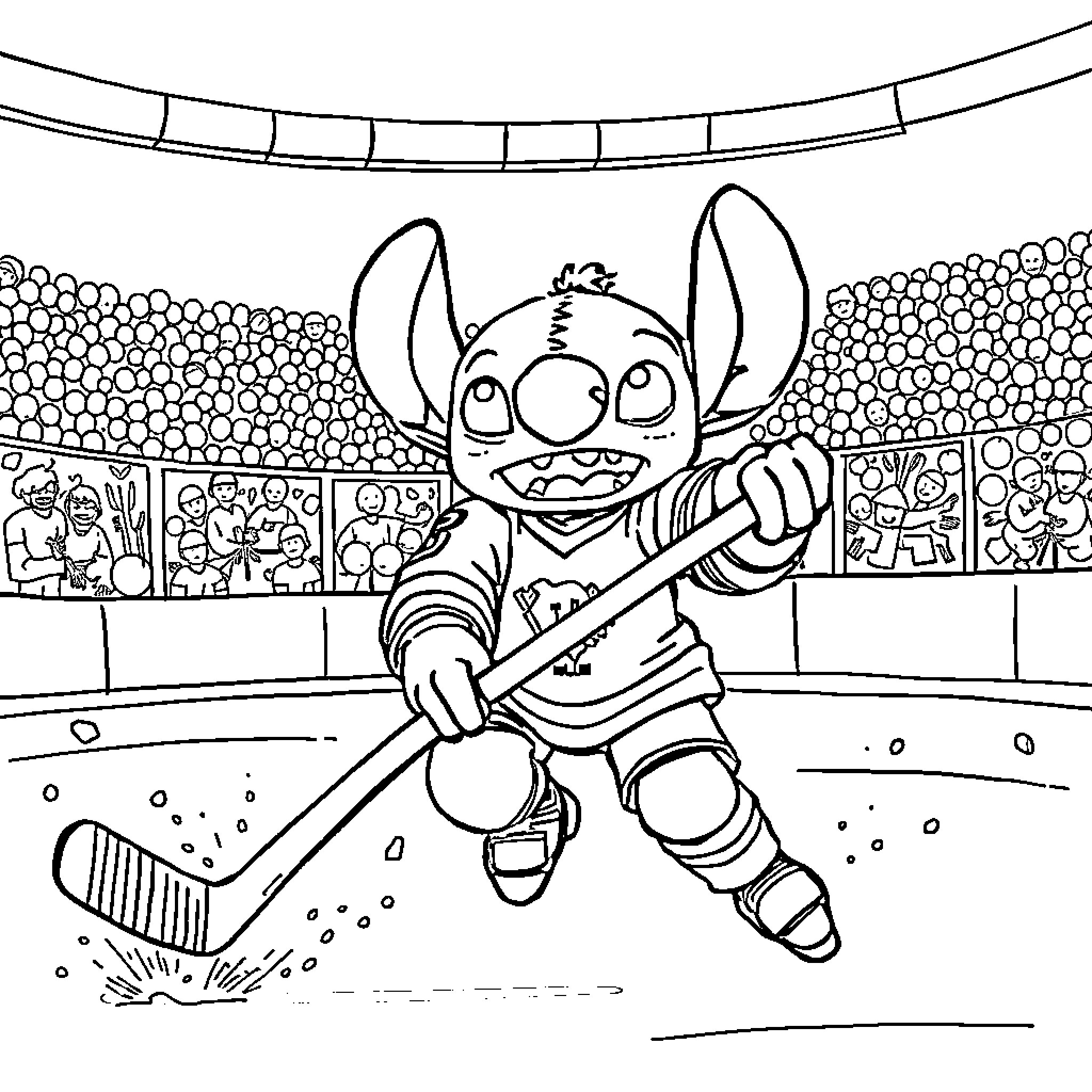 Stitch playing ice hockey in the stadium Coloring Page (free black-and-white line drawing printable PDF for all, from beginners to advanced learners, including children, teens, adults, and seniors)