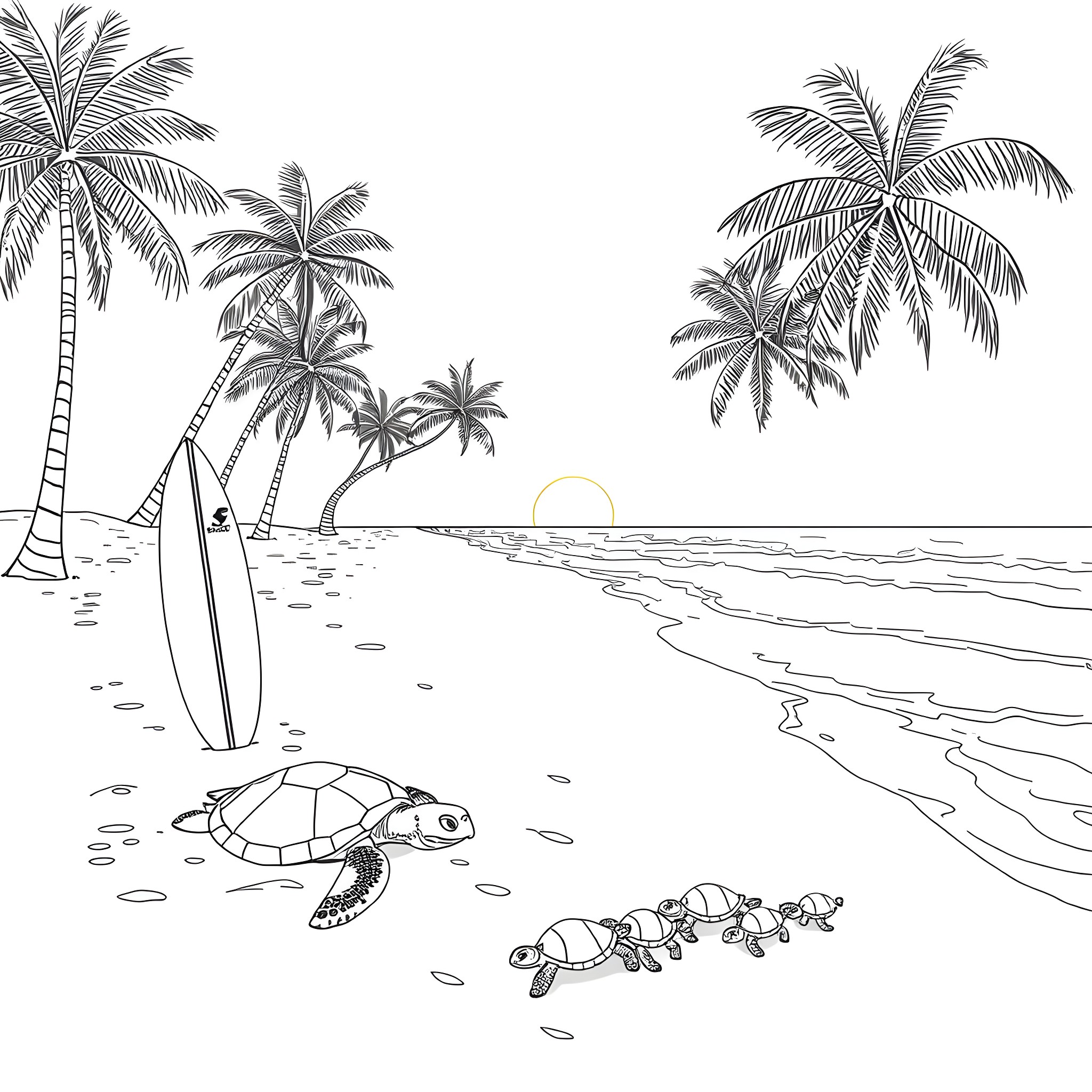 Turtle on the Beach with Palm Trees Coloring Page (free black-and-white line drawing printable PDF for all, from beginners to advanced learners, including children, teens, adults, and seniors)