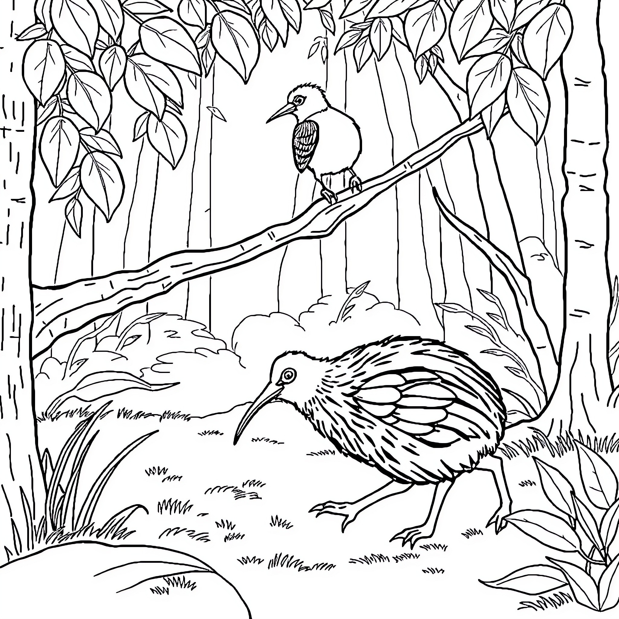 Kiwi birds exploring their natural habitat Coloring Page (free black-and-white line drawing printable PDF for all, from beginners to advanced learners, including children, teens, adults, and seniors)