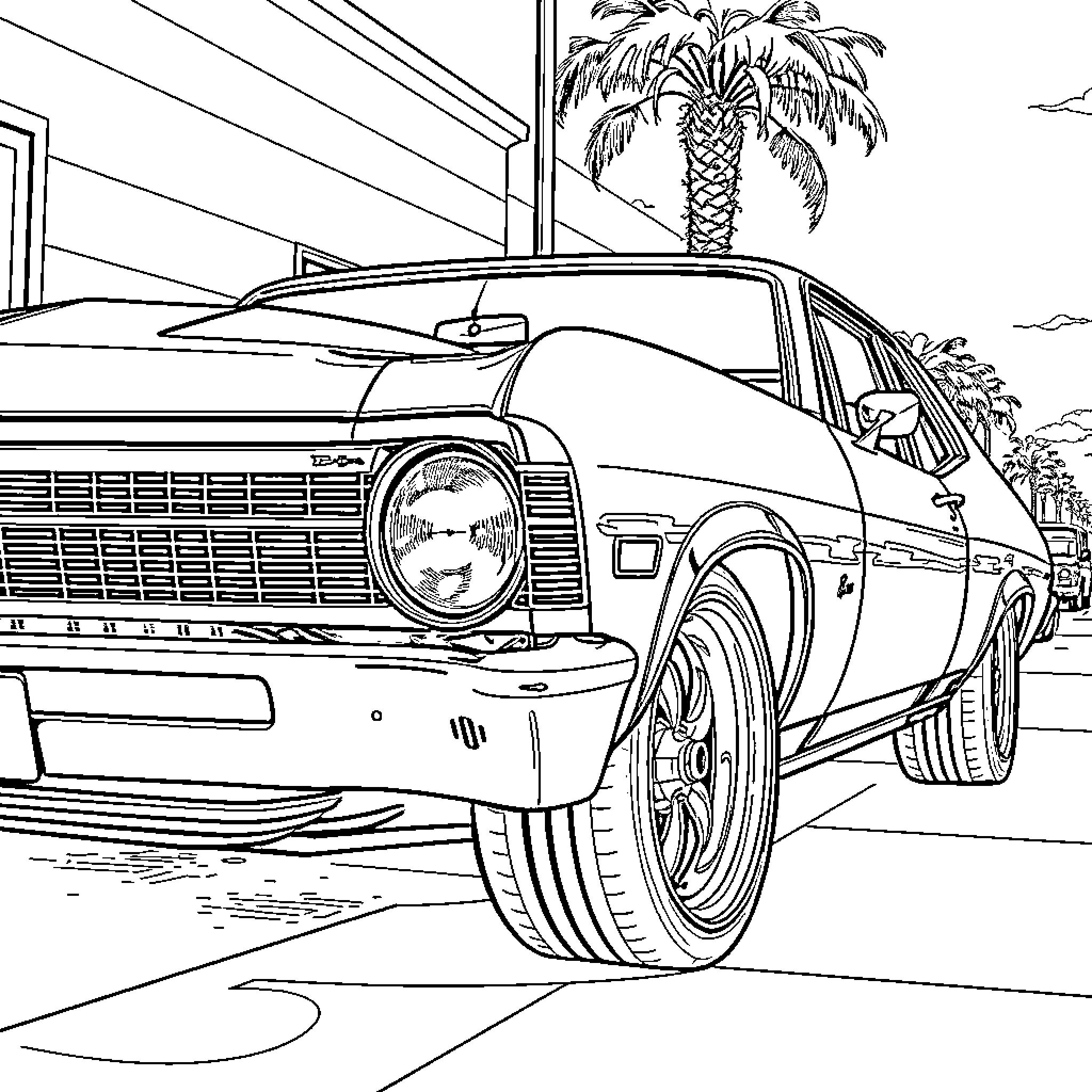 Chevy Nova parked in front of palm trees Coloring Page (free black-and-white line drawing printable PDF for all, from beginners to advanced learners, including children, teens, adults, and seniors)