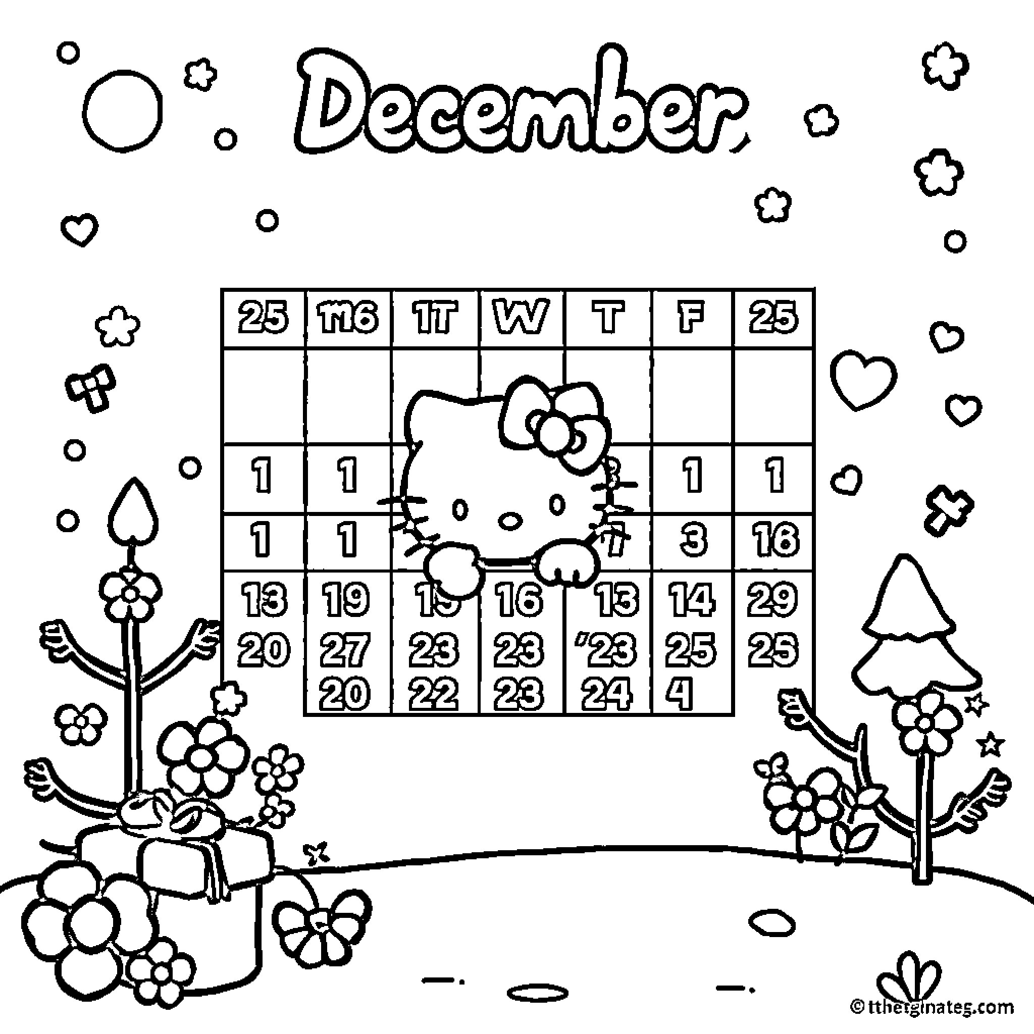 Hello Kitty December calendar with flowers and gifts Coloring Page (free black-and-white line drawing printable PDF for all, from beginners to advanced learners, including children, teens, adults, and seniors)