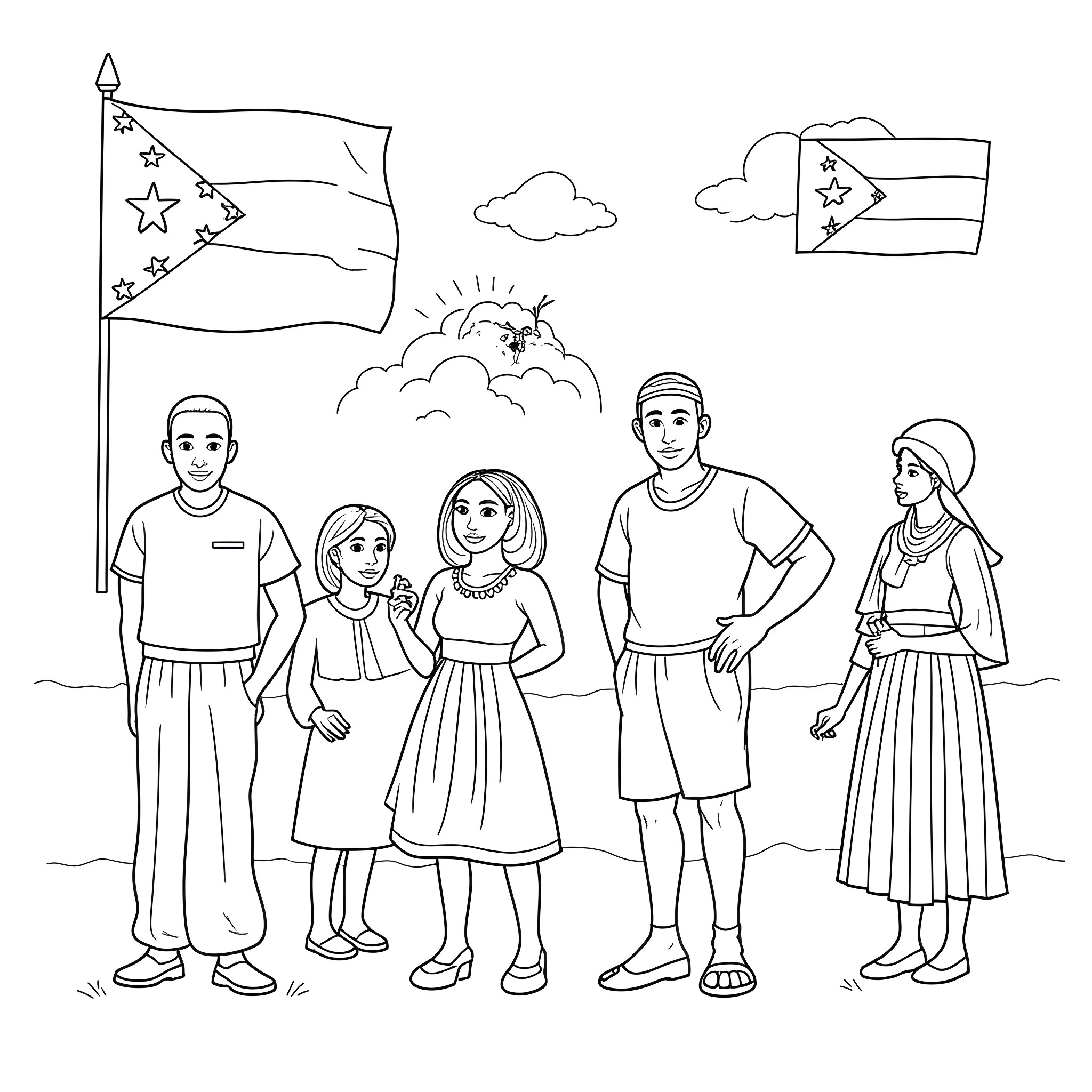 Caribbean Island family celebrating with flags Coloring Page (free black-and-white line drawing printable PDF for all, from beginners to advanced learners, including children, teens, adults, and seniors)