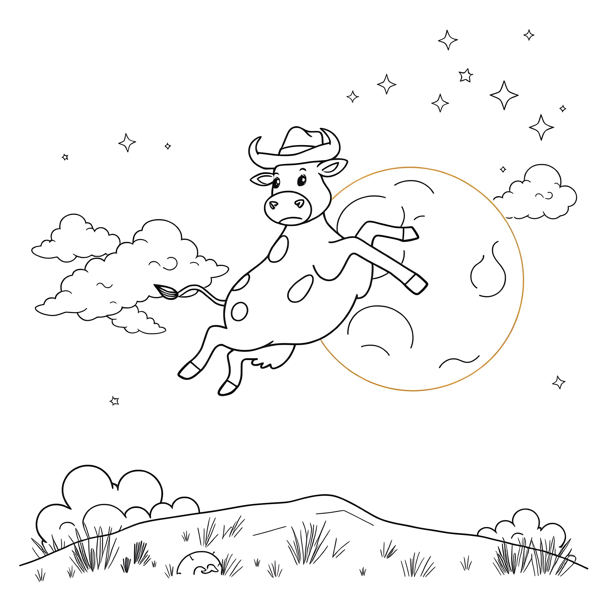 Cow jumping over the moon with stars Coloring Page (free black-and-white line drawing printable PDF for all, from beginners to advanced learners, including children, teens, adults, and seniors)
