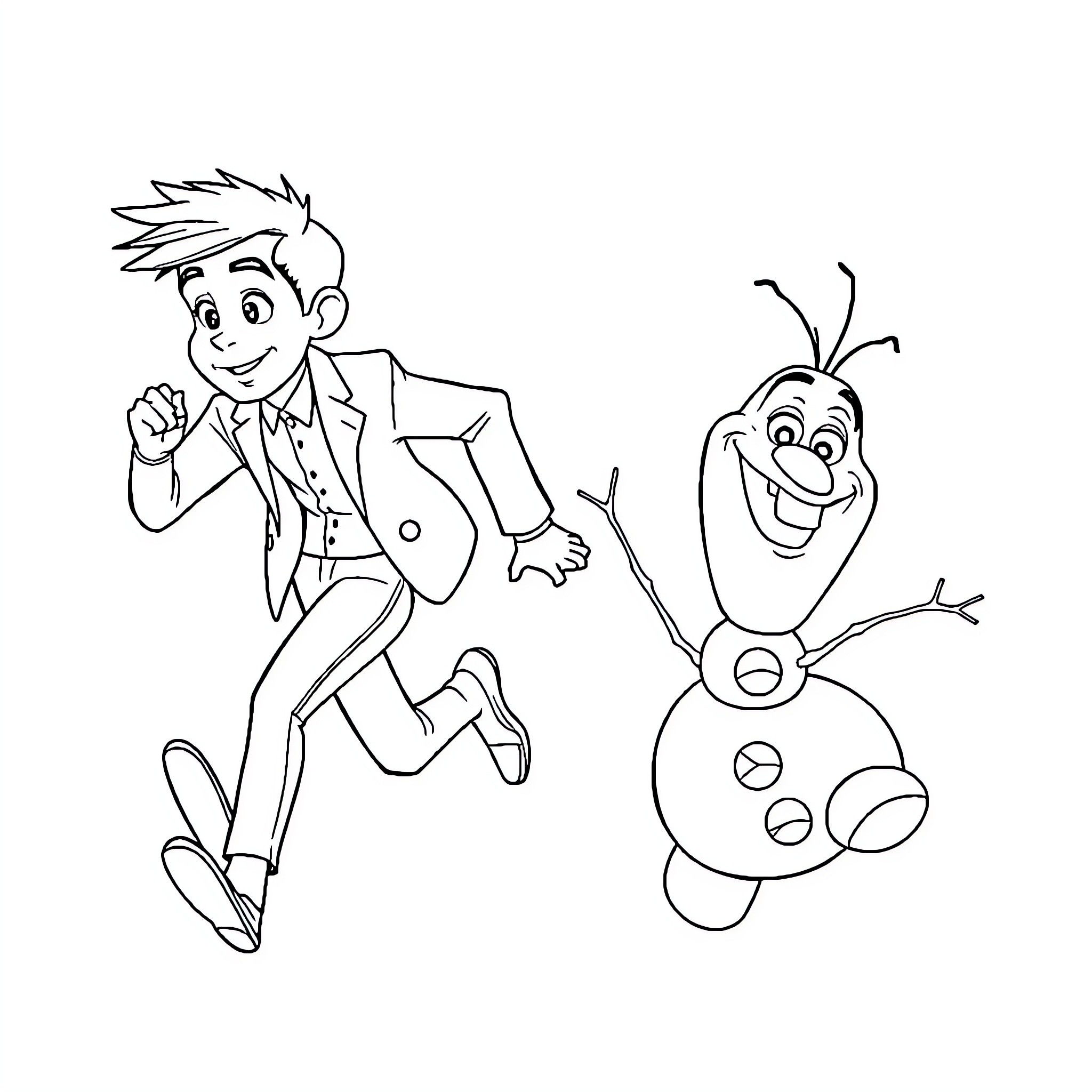 Jack's Playful Adventure with Olaf Coloring Page (free black-and-white line drawing printable PDF for all, from beginners to advanced learners, including children, teens, adults, and seniors)