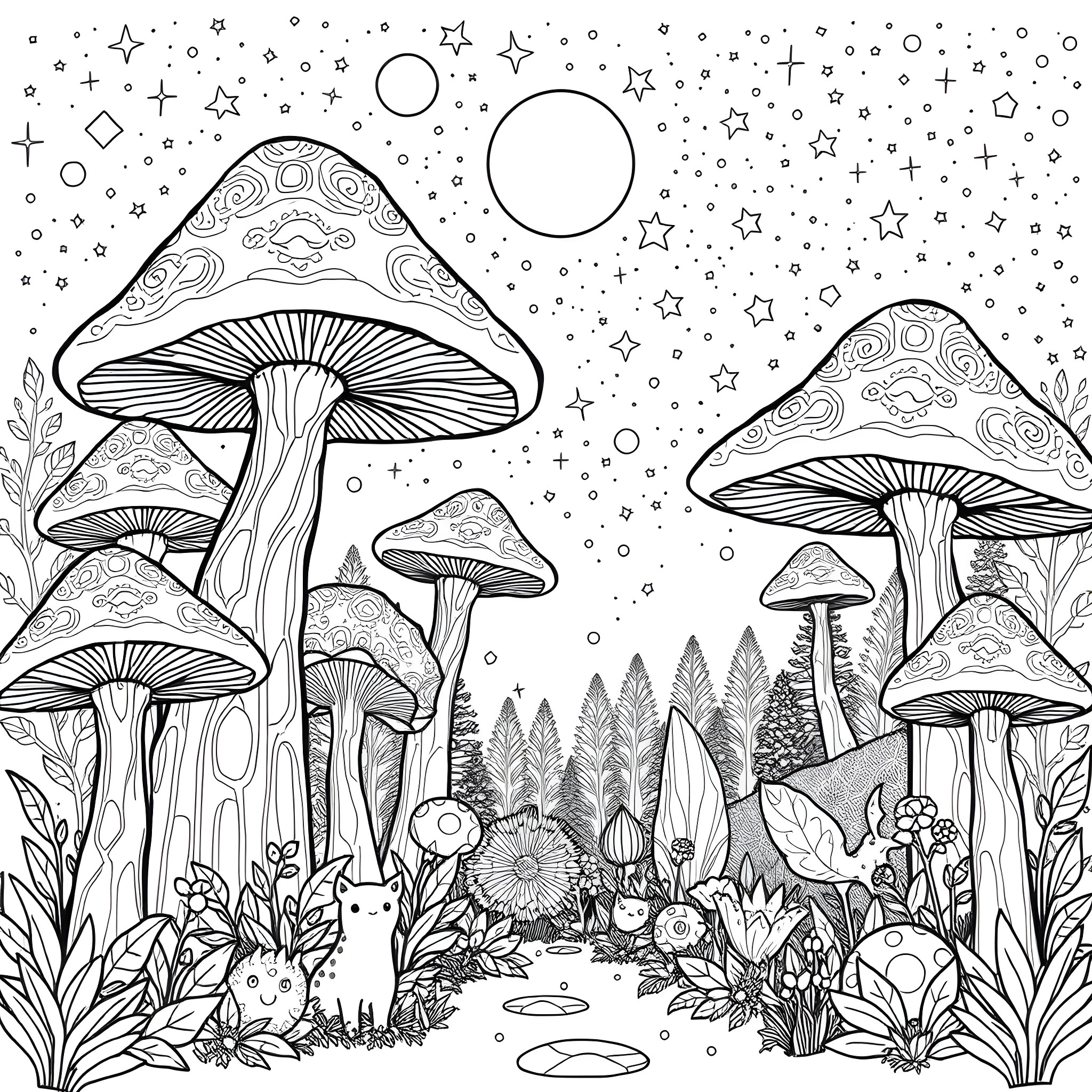 Mushroom fantasy world with whimsical creatures Coloring Page (free black-and-white line drawing printable PDF for all, from beginners to advanced learners, including children, teens, adults, and seniors)