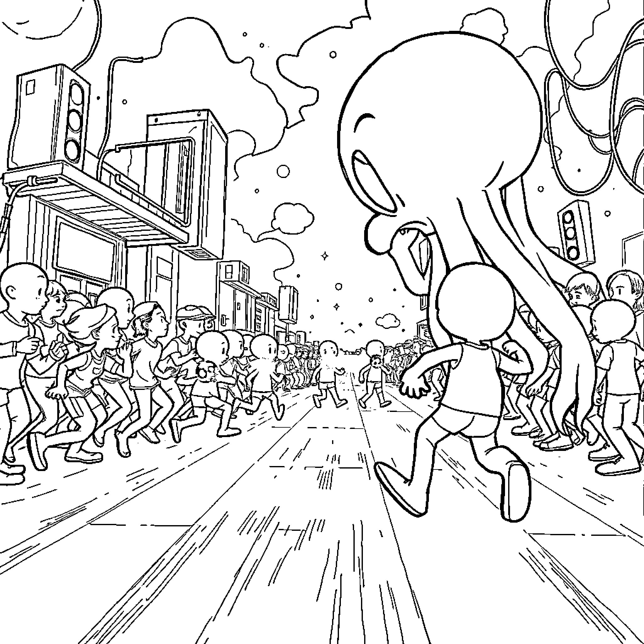 Squid chasing excited crowd through the city Coloring Page (free black-and-white line drawing printable PDF for all, from beginners to advanced learners, including children, teens, adults, and seniors)
