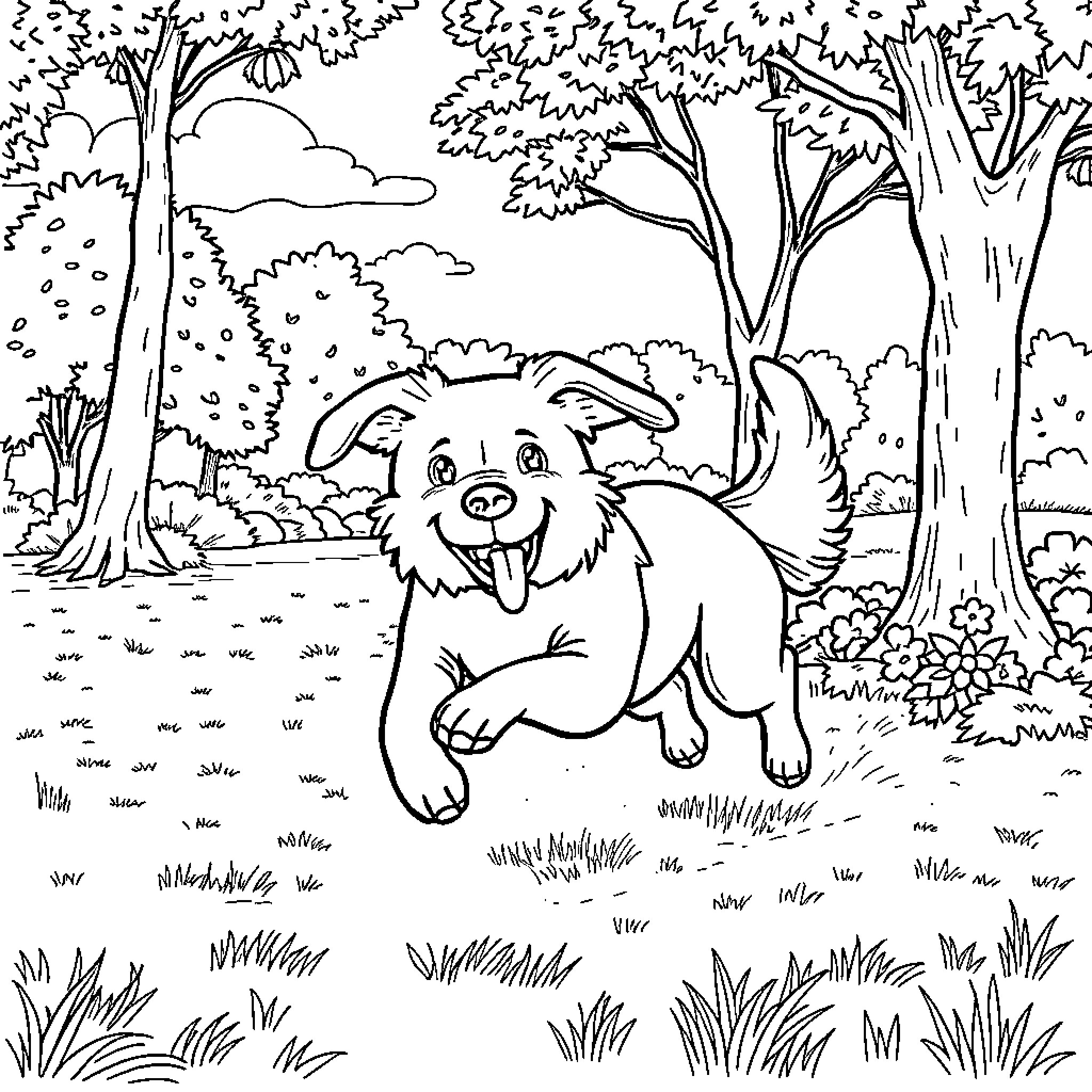 Dog playing joyfully in a forest Coloring Page (free black-and-white line drawing printable PDF for all, from beginners to advanced learners, including children, teens, adults, and seniors)