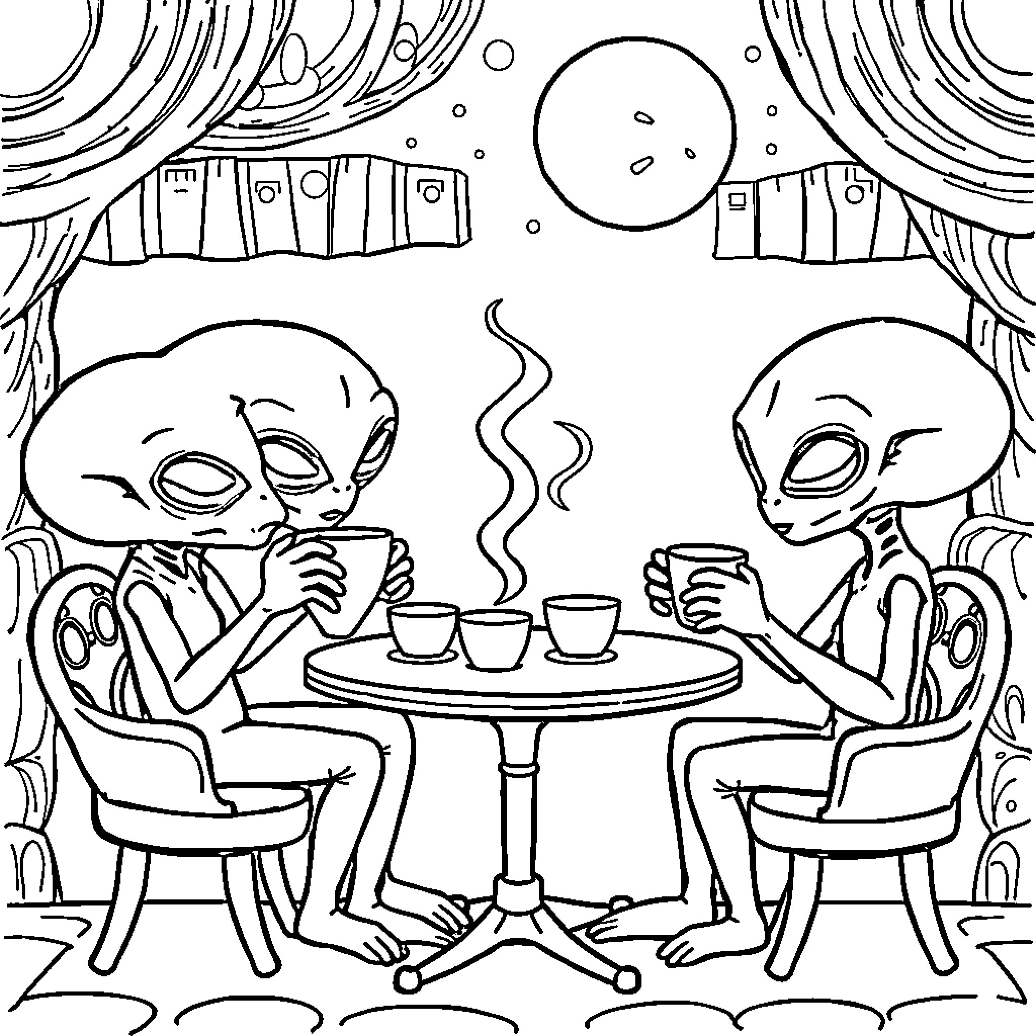 Alien friends enjoying a cozy cafe outing Coloring Page (free black-and-white line drawing printable PDF for all, from beginners to advanced learners, including children, teens, adults, and seniors)