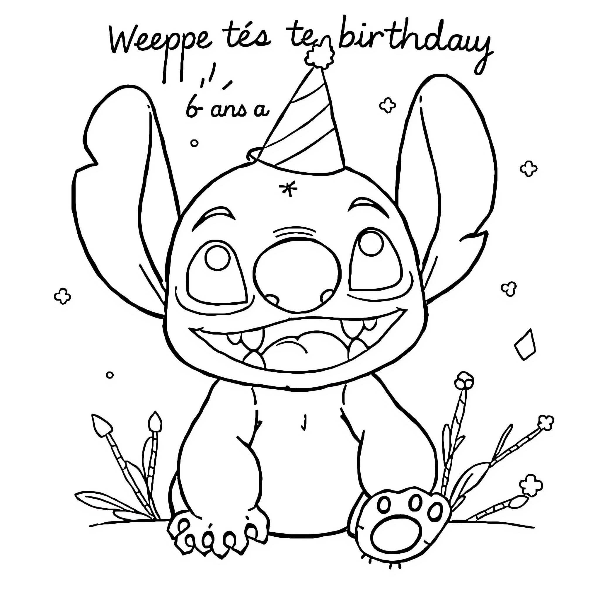 Stitch celebrates his birthday with party hat and decorations Coloring Page (free black-and-white line drawing printable PDF for all, from beginners to advanced learners, including children, teens, adults, and seniors)