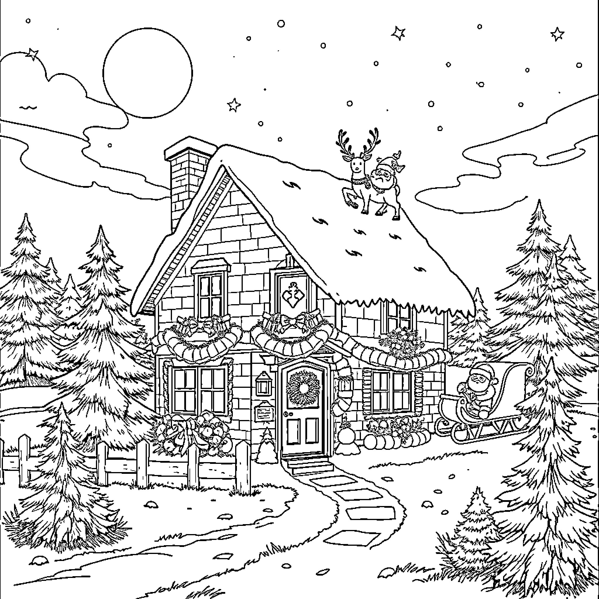 House decorated for winter holiday festivities Coloring Page (free black-and-white line drawing printable PDF for all, from beginners to advanced learners, including children, teens, adults, and seniors)