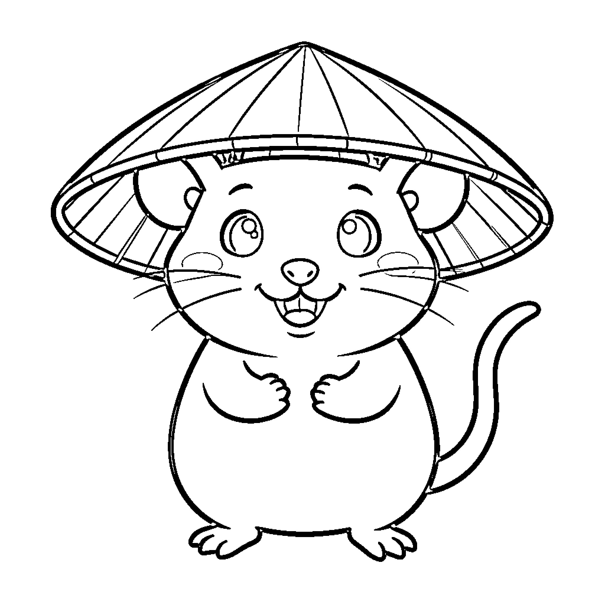 Rat wearing a hat and smiling cheerfully Coloring Page (free black-and-white line drawing printable PDF for all, from beginners to advanced learners, including children, teens, adults, and seniors)