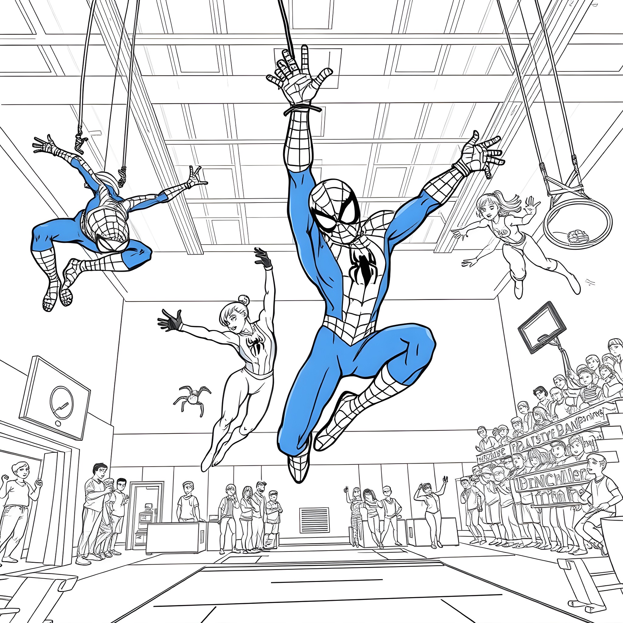 Spider-Man heroically swinging through the city with others Coloring Page (free black-and-white line drawing printable PDF for all, from beginners to advanced learners, including children, teens, adults, and seniors)