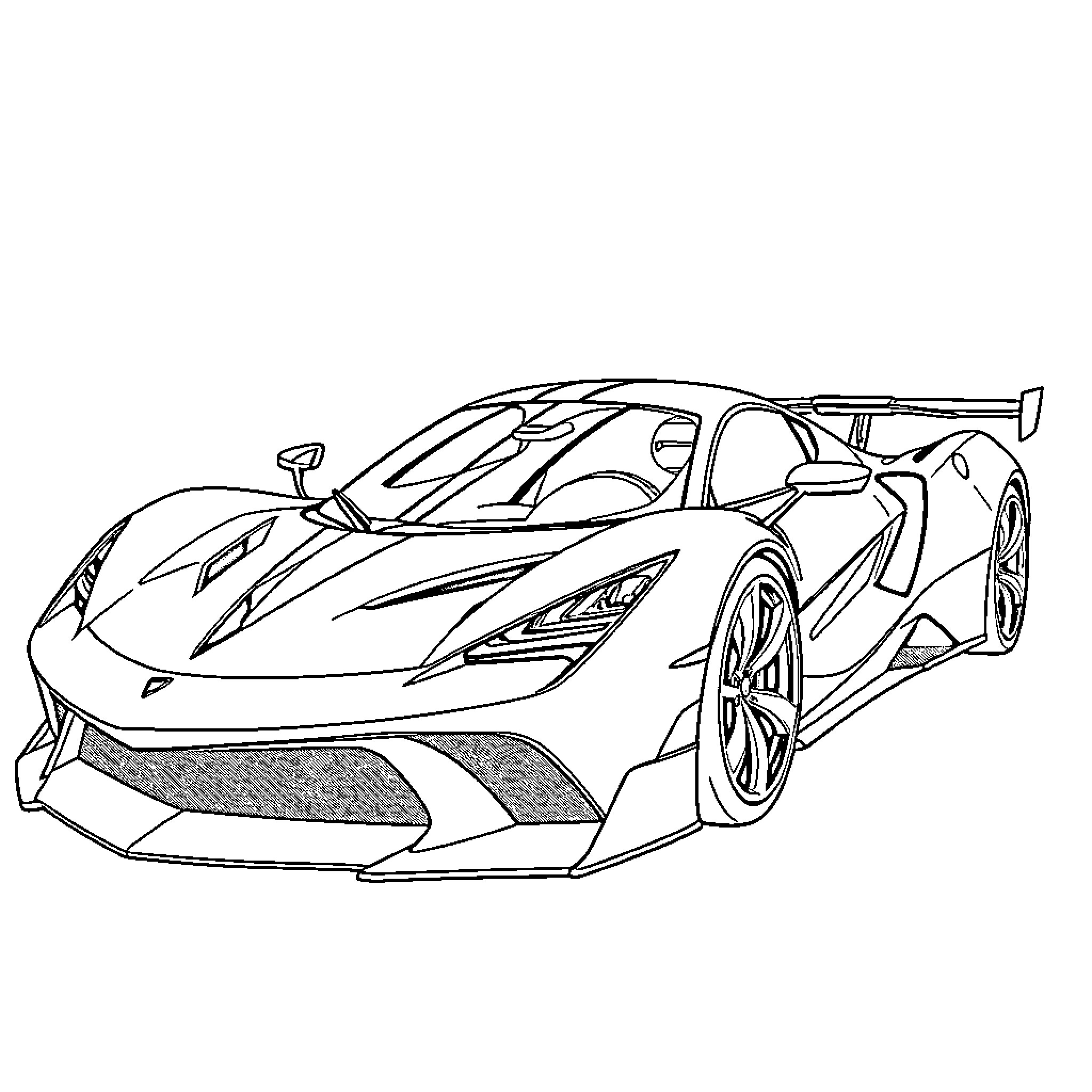Car in aggressive racing stance Coloring Page (free black-and-white line drawing printable PDF for all, from beginners to advanced learners, including children, teens, adults, and seniors)
