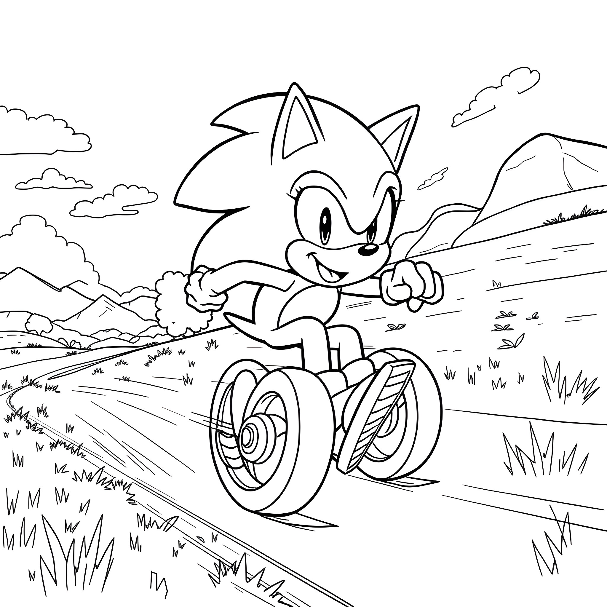 Sonic racing happily on a winding path Coloring Page (free black-and-white line drawing printable PDF for all, from beginners to advanced learners, including children, teens, adults, and seniors)