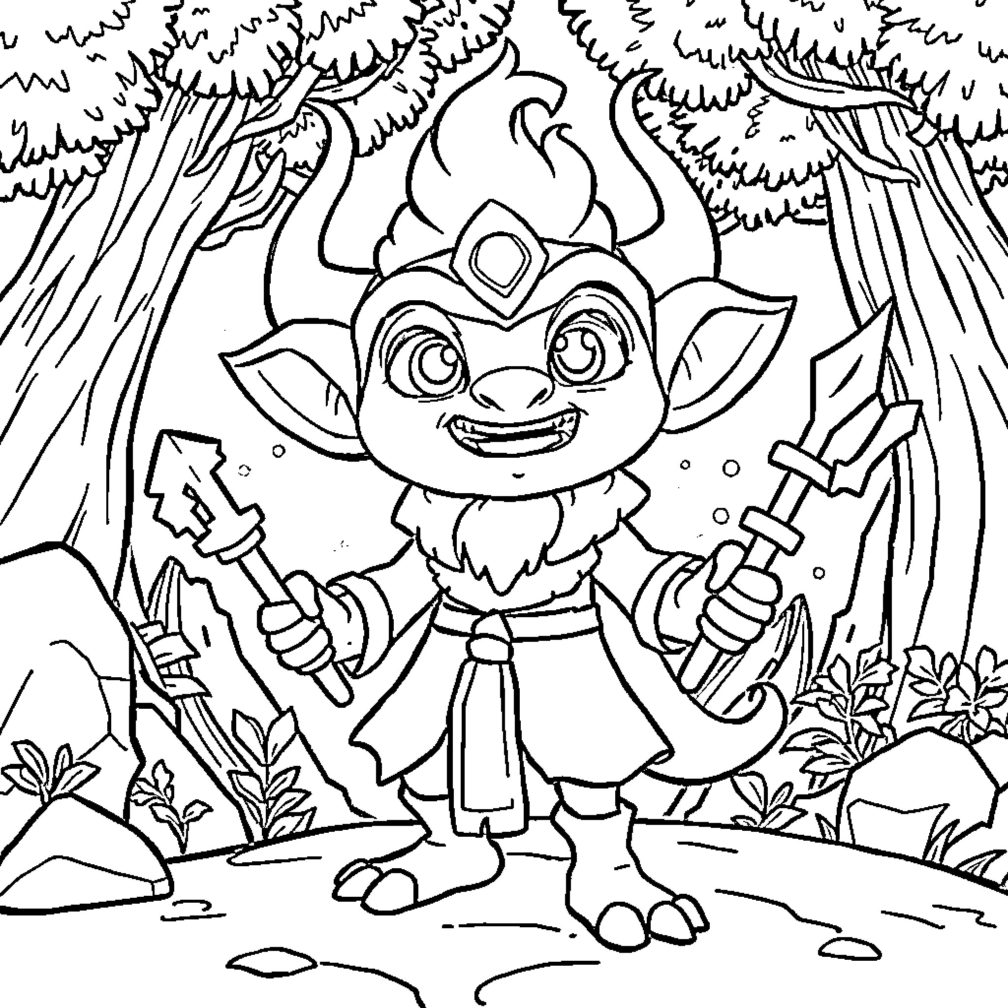 Wakfu character in forest with weapons Coloring Page (free black-and-white line drawing printable PDF for all, from beginners to advanced learners, including children, teens, adults, and seniors)