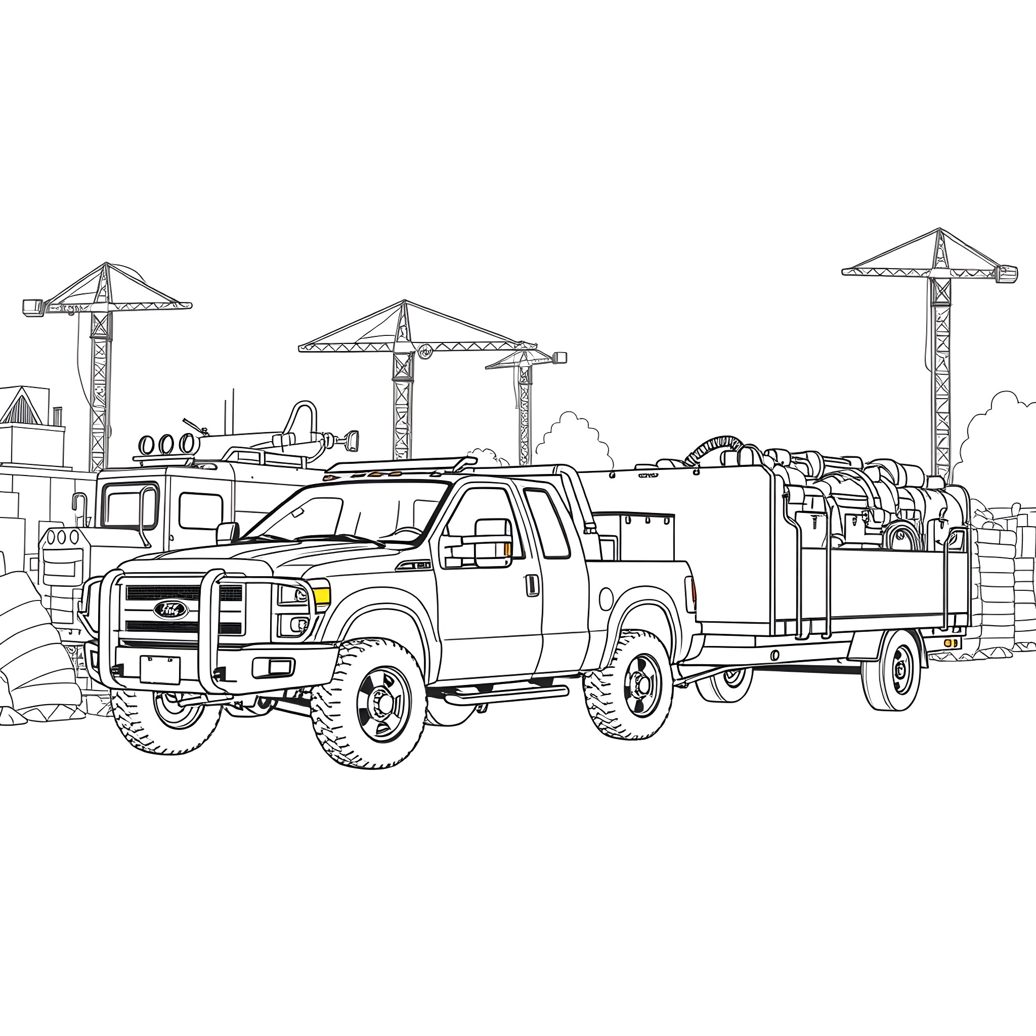 Utility Truck Transporting Construction Equipment Coloring Page (free black-and-white line drawing printable PDF for all, from beginners to advanced learners, including children, teens, adults, and seniors)