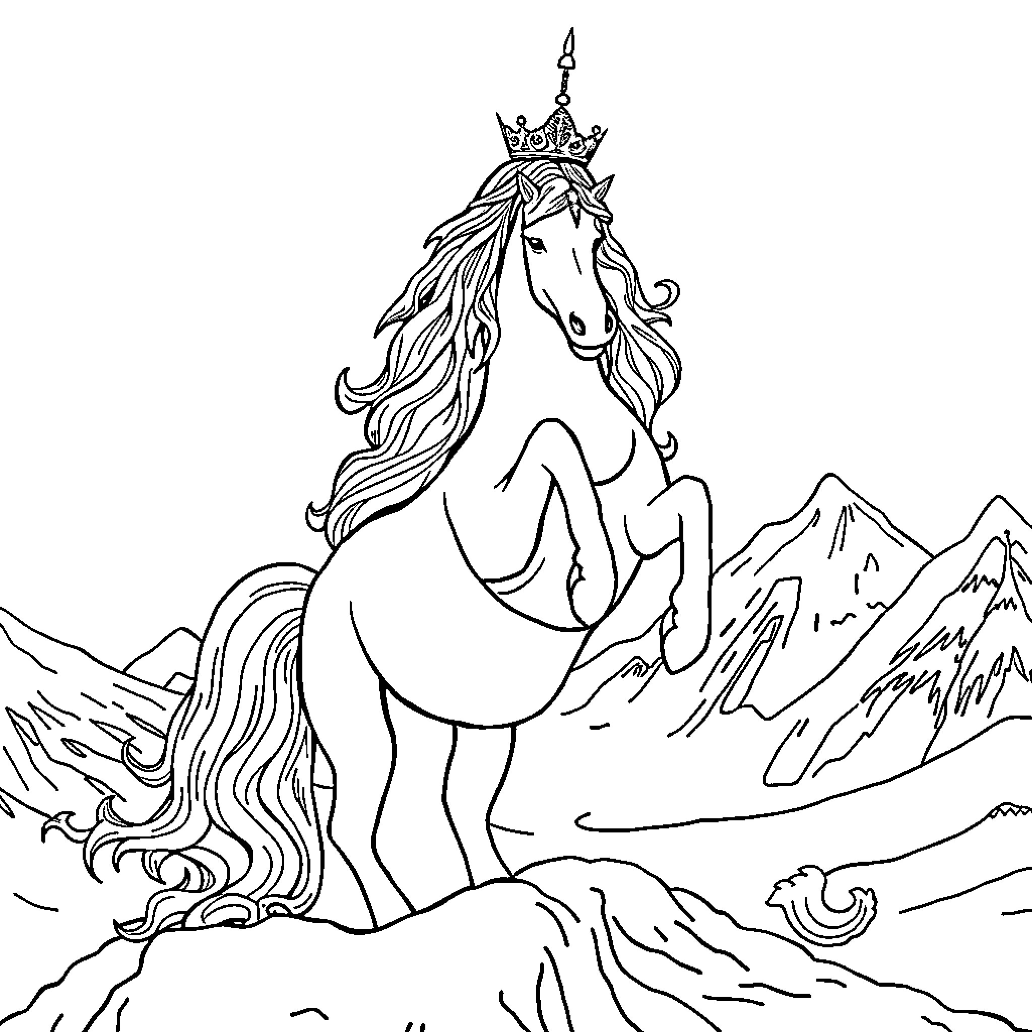 Snow Queen riding majestic horse in snowy landscape Coloring Page (free black-and-white line drawing printable PDF for all, from beginners to advanced learners, including children, teens, adults, and seniors)