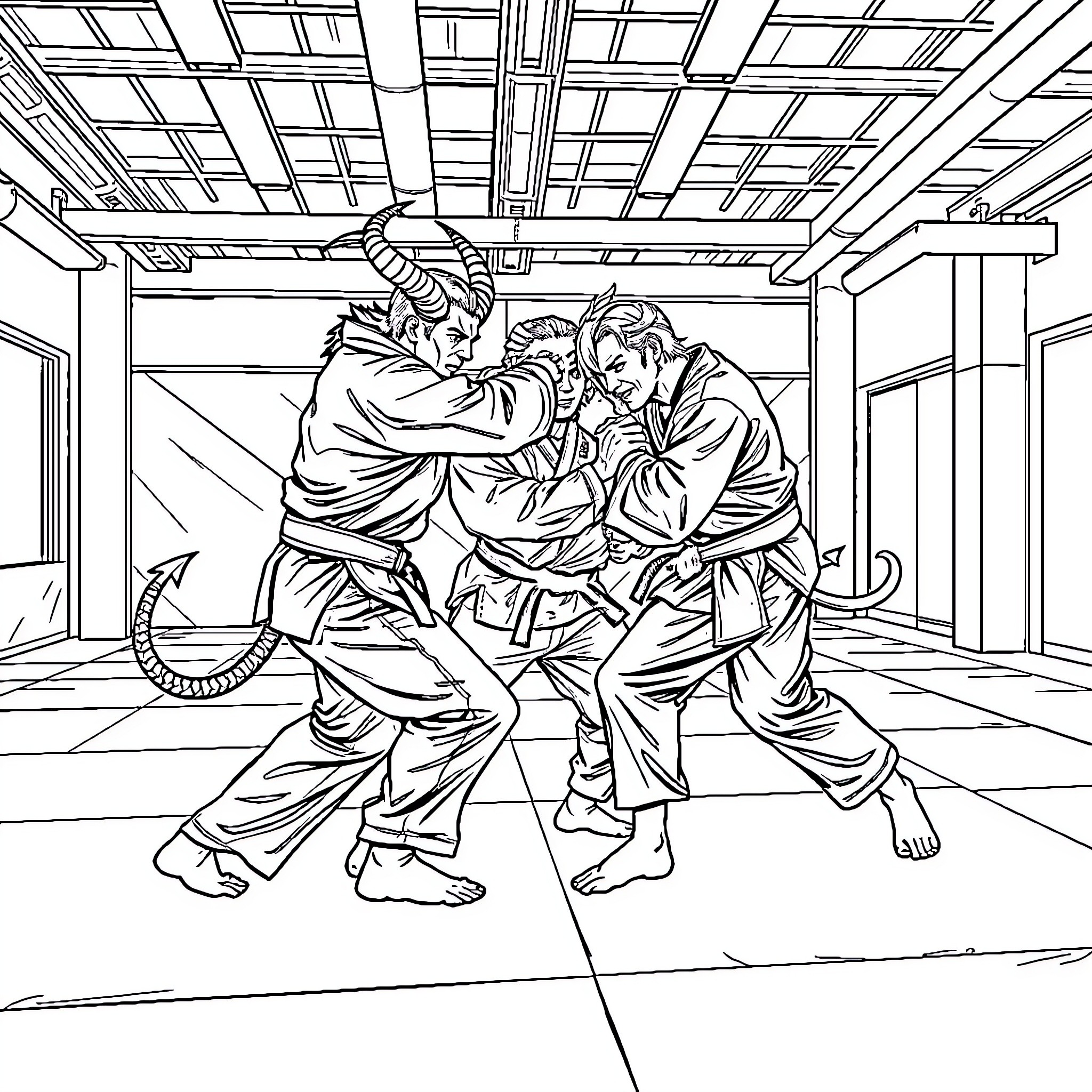 Kpop Demon Hunter: Intense Martial Arts Showdown Coloring Page (free black-and-white line drawing printable PDF for all, from beginners to advanced learners, including children, teens, adults, and seniors)