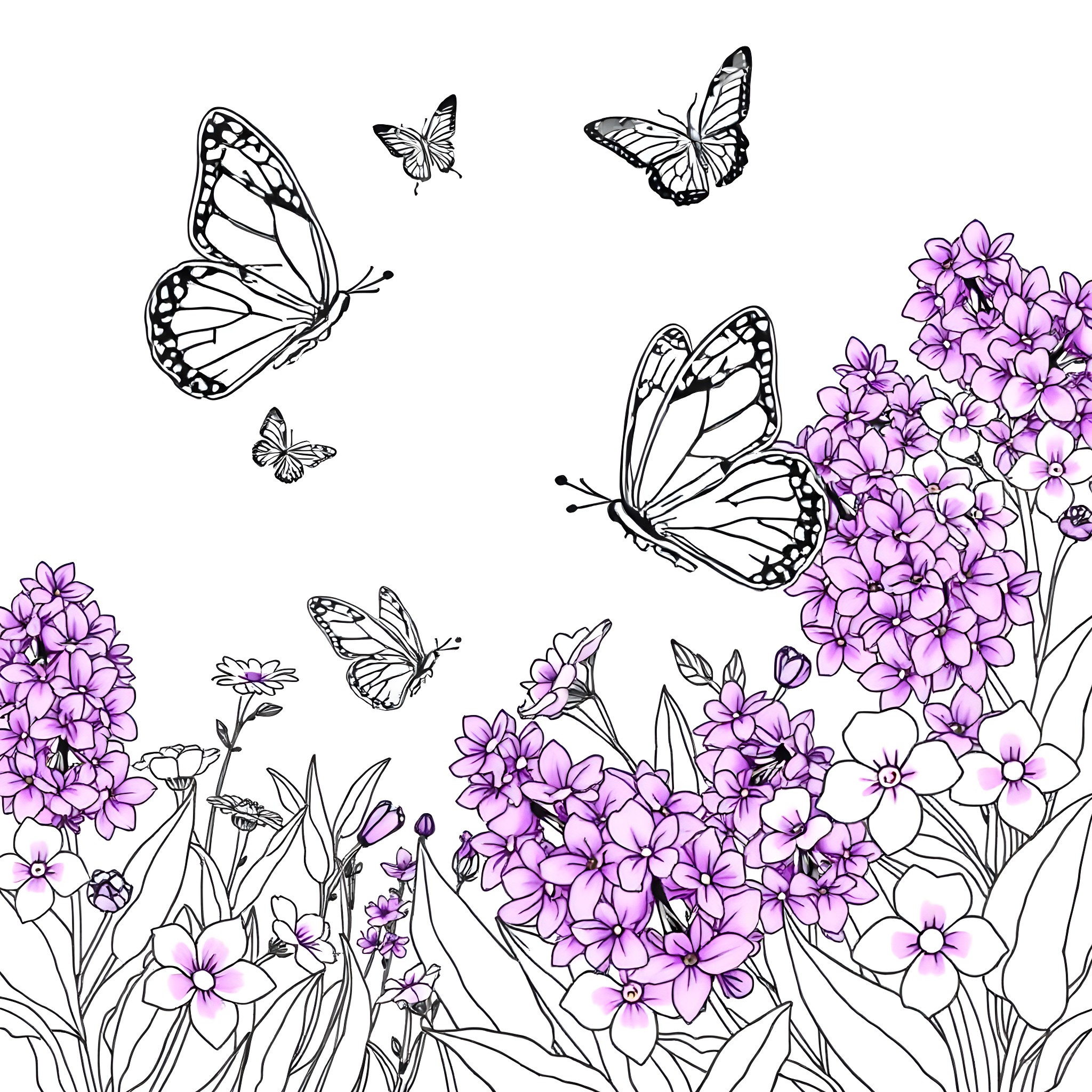 Butterflies in a Flower Garden Coloring Page (free black-and-white line drawing printable PDF for all, from beginners to advanced learners, including children, teens, adults, and seniors)