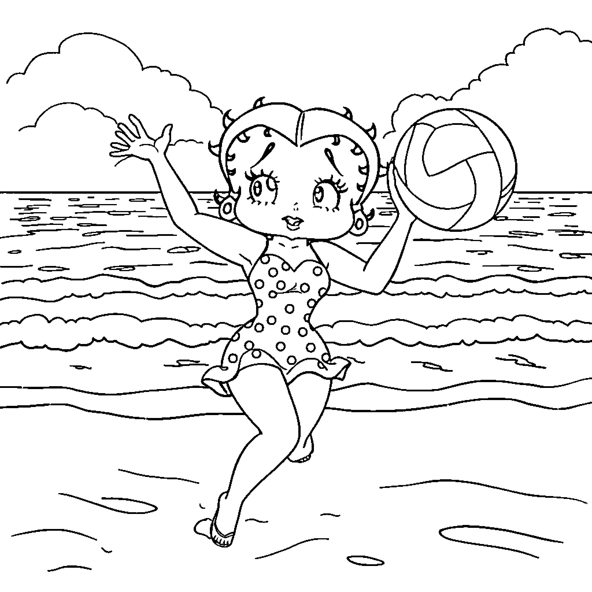 Betty Boop playing happily with a beach ball Coloring Page (free black-and-white line drawing printable PDF for all, from beginners to advanced learners, including children, teens, adults, and seniors)