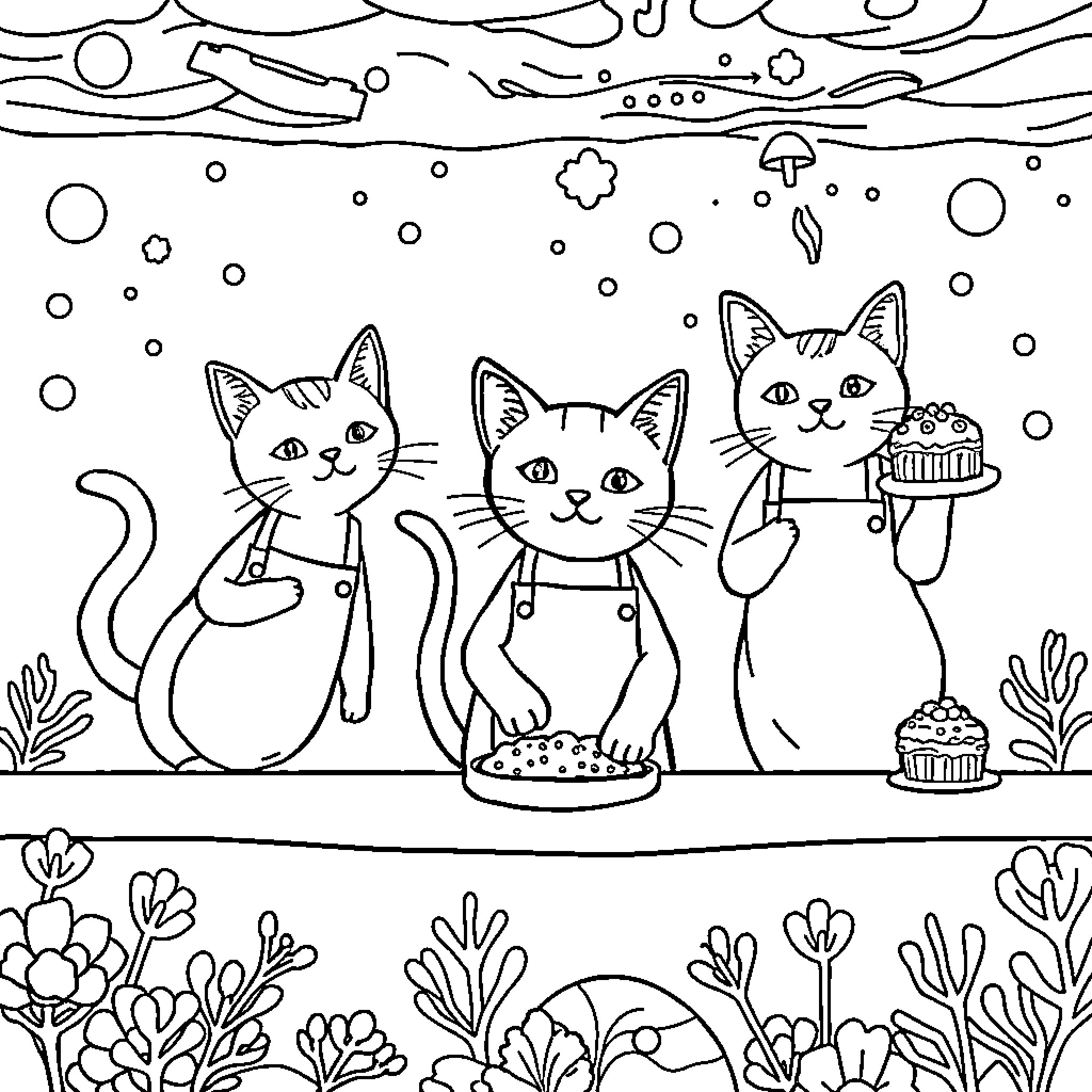 Cats Enjoying Cupcakes in the Snow Coloring Page (free black-and-white line drawing printable PDF for all, from beginners to advanced learners, including children, teens, adults, and seniors)