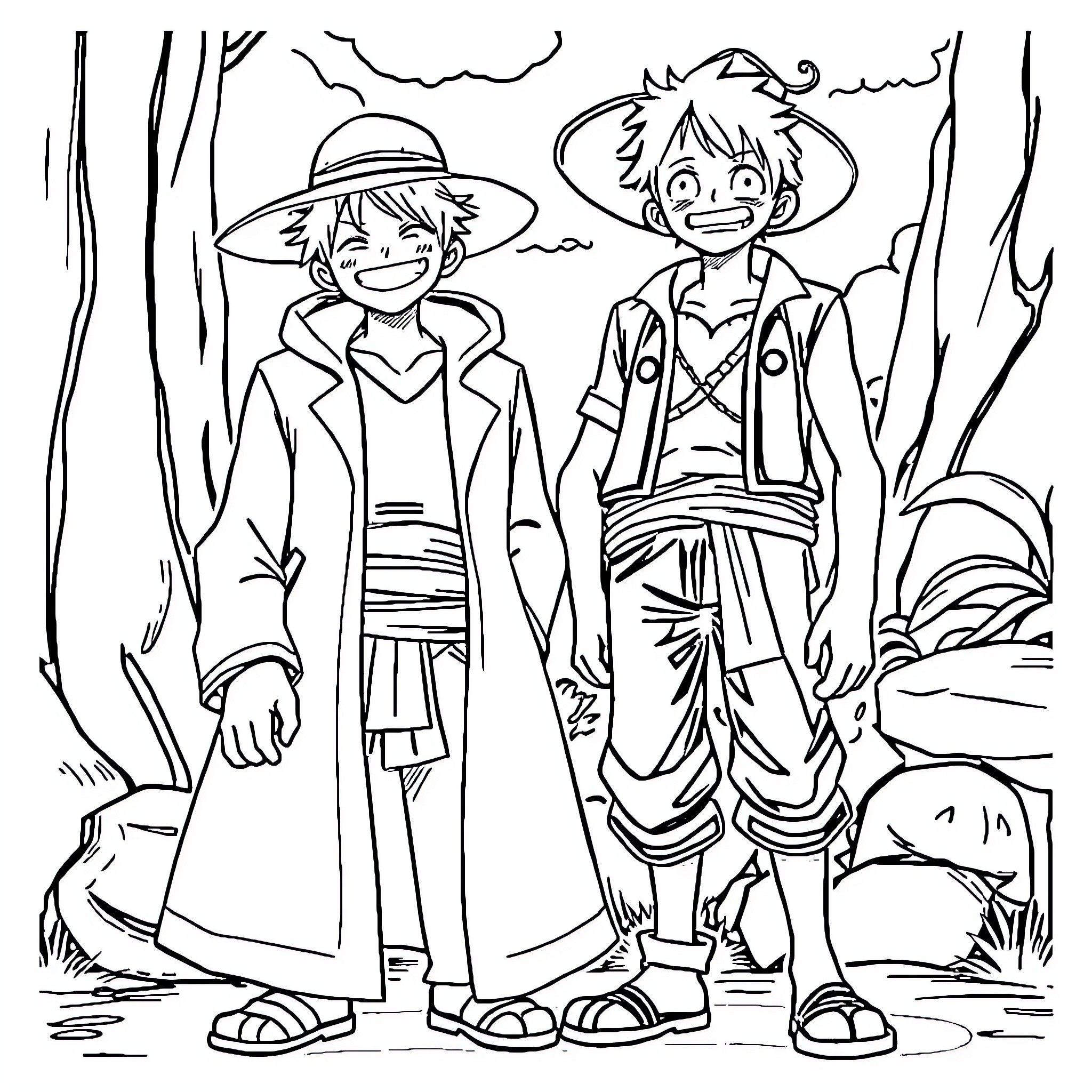 Usop and Friend Explore the Jungle Coloring Page (free black-and-white line drawing printable PDF for all, from beginners to advanced learners, including children, teens, adults, and seniors)