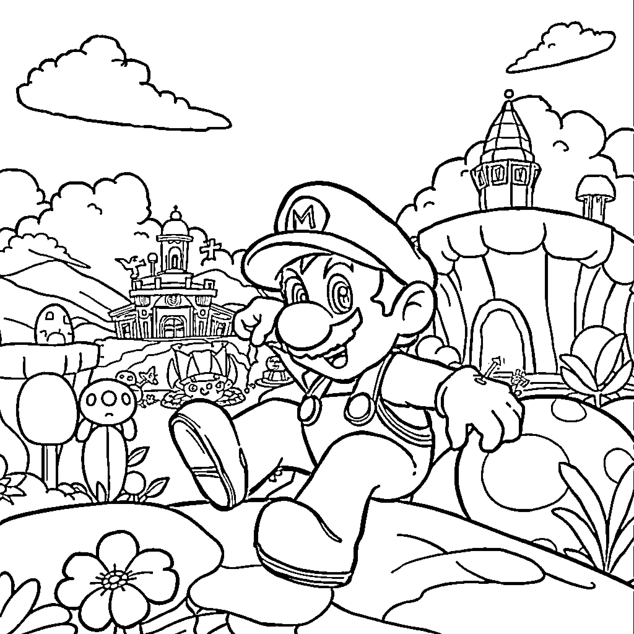 Mario Exploring a Fantastical Landscape Coloring Page (free black-and-white line drawing printable PDF for all, from beginners to advanced learners, including children, teens, adults, and seniors)