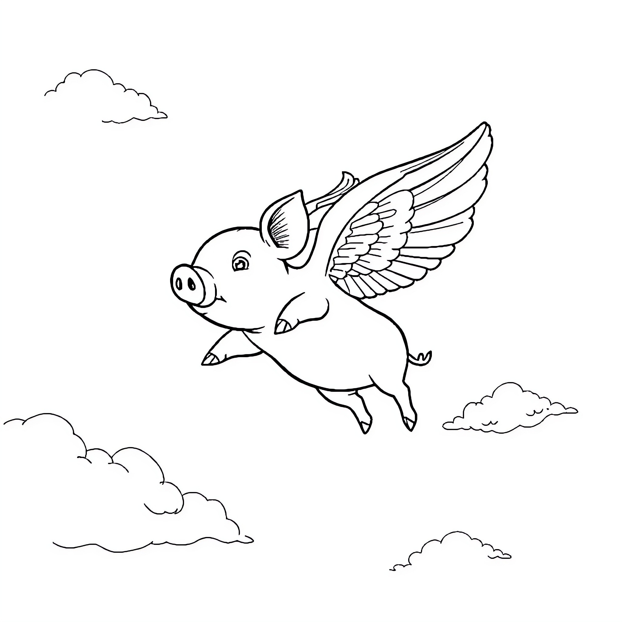 Flying Pig Soaring Through the Clouds Coloring Page (free black-and-white line drawing printable PDF for all, from beginners to advanced learners, including children, teens, adults, and seniors)