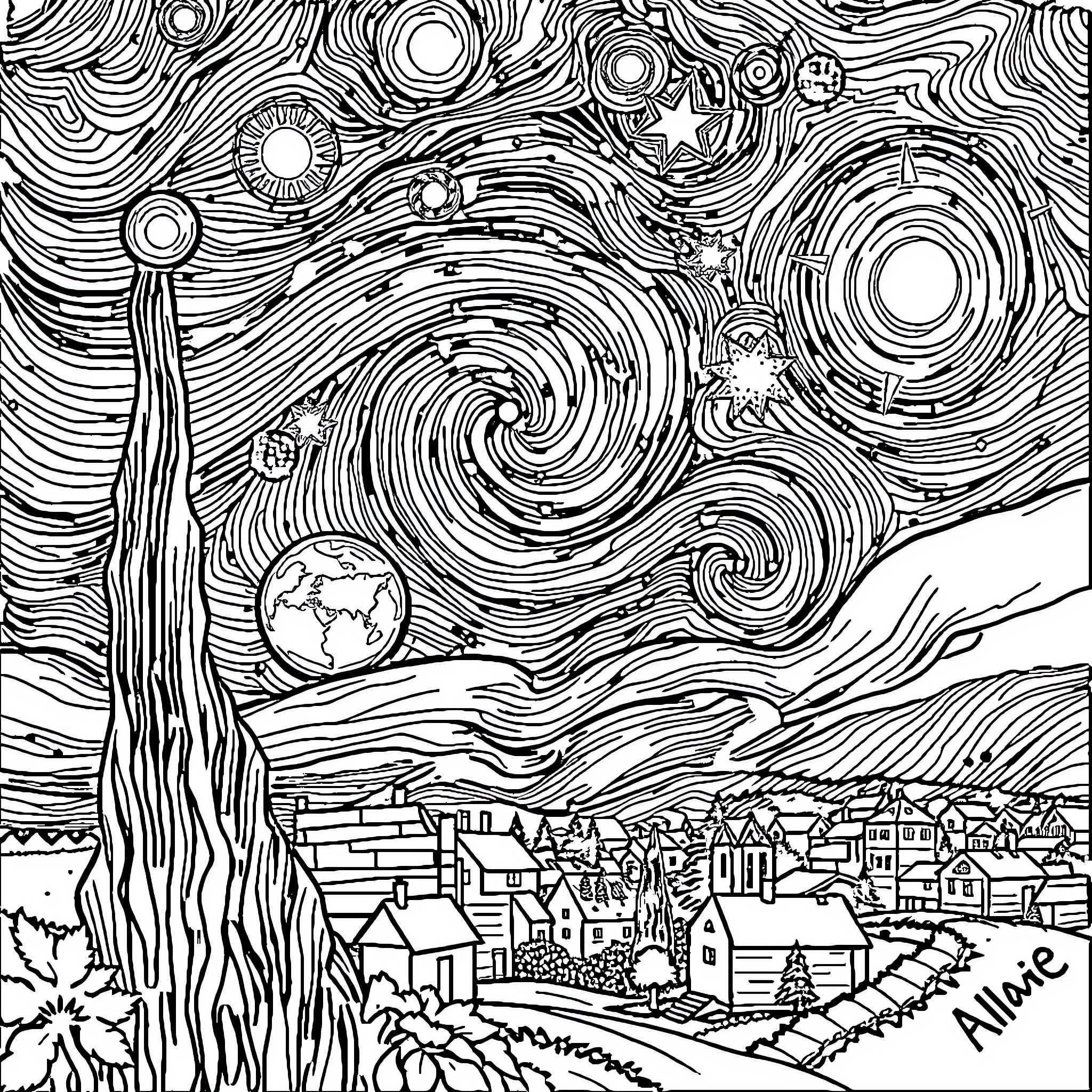 Star Swirling Cosmic Landscape with Town Coloring Page (free black-and-white line drawing printable PDF for all, from beginners to advanced learners, including children, teens, adults, and seniors)