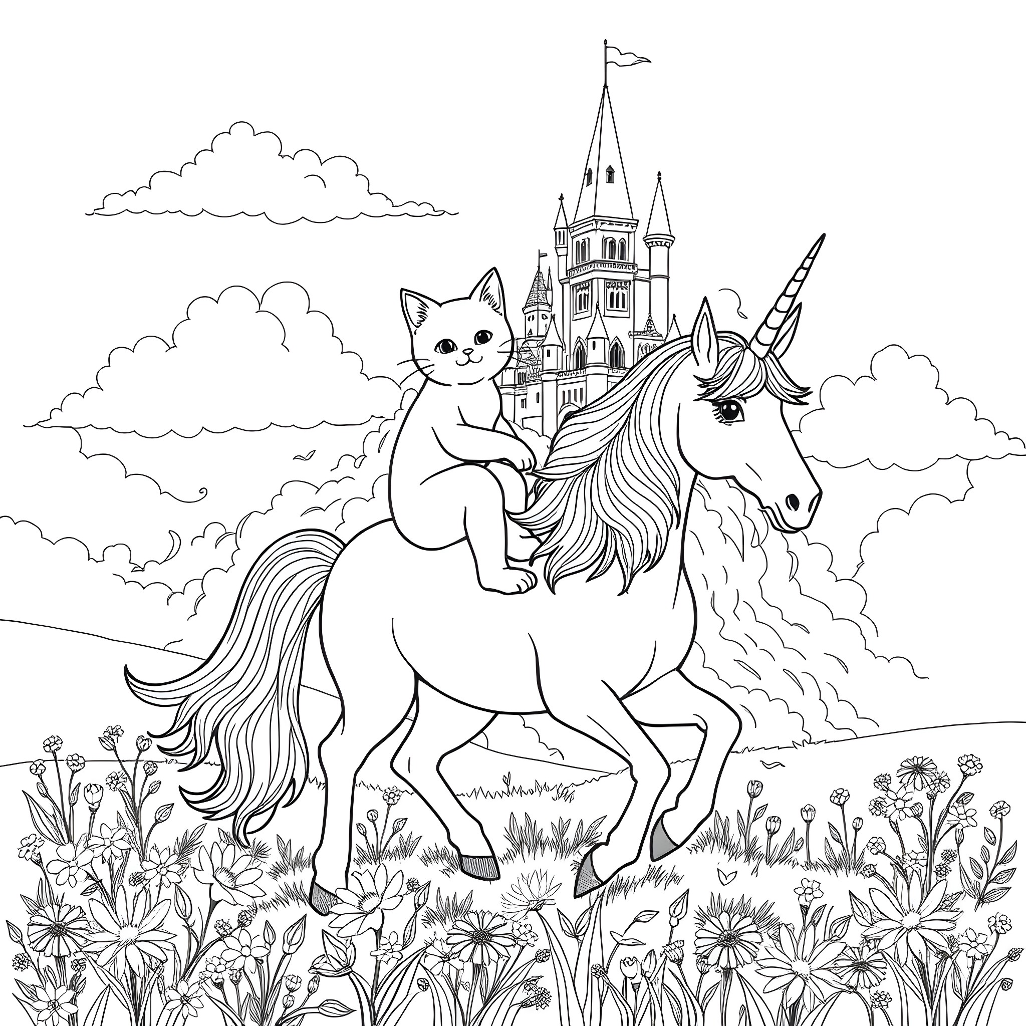 Cat riding on a unicorn near a castle Coloring Page (free black-and-white line drawing printable PDF for all, from beginners to advanced learners, including children, teens, adults, and seniors)