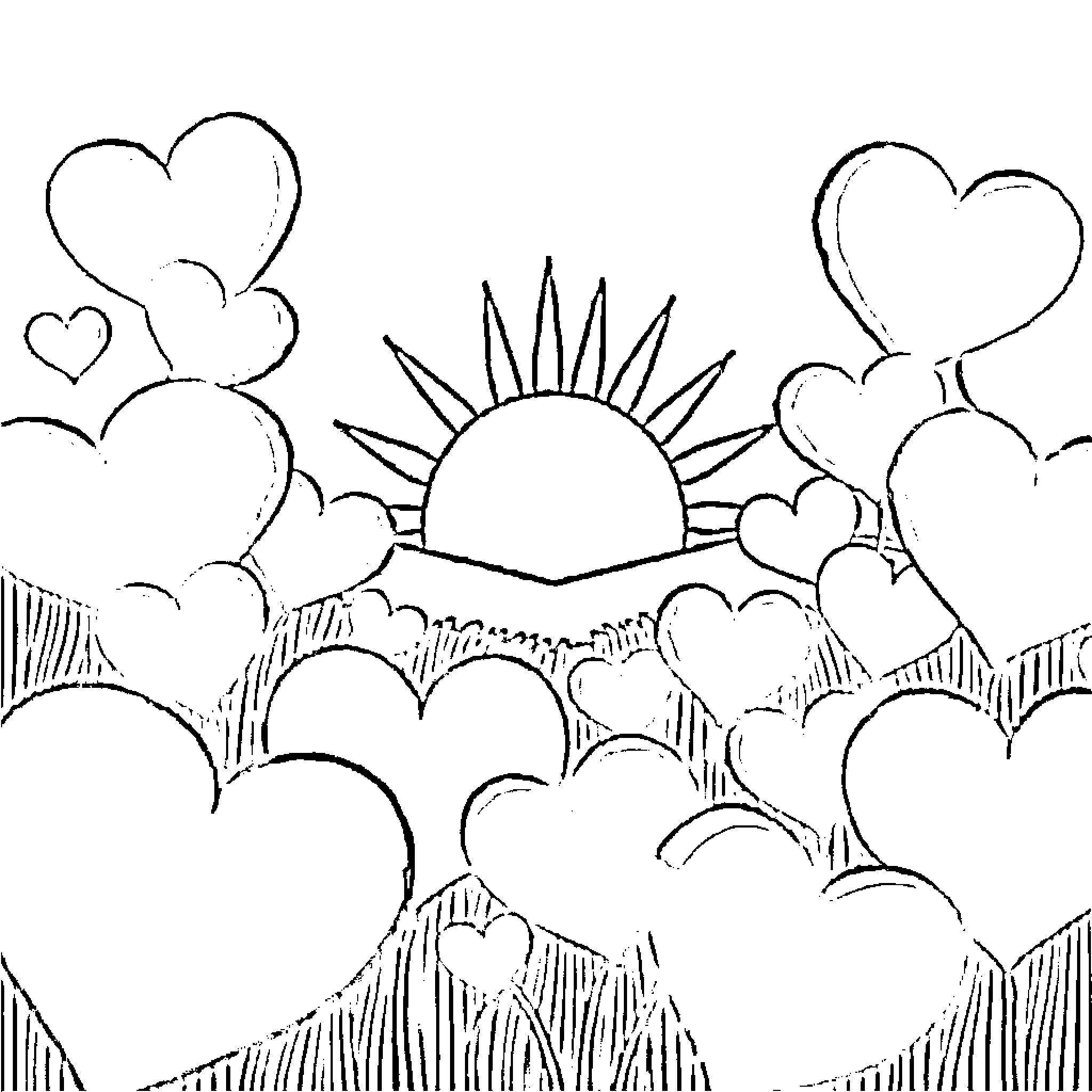 Heart-shaped clouds framing a radiant sun Coloring Page (free black-and-white line drawing printable PDF for all, from beginners to advanced learners, including children, teens, adults, and seniors)